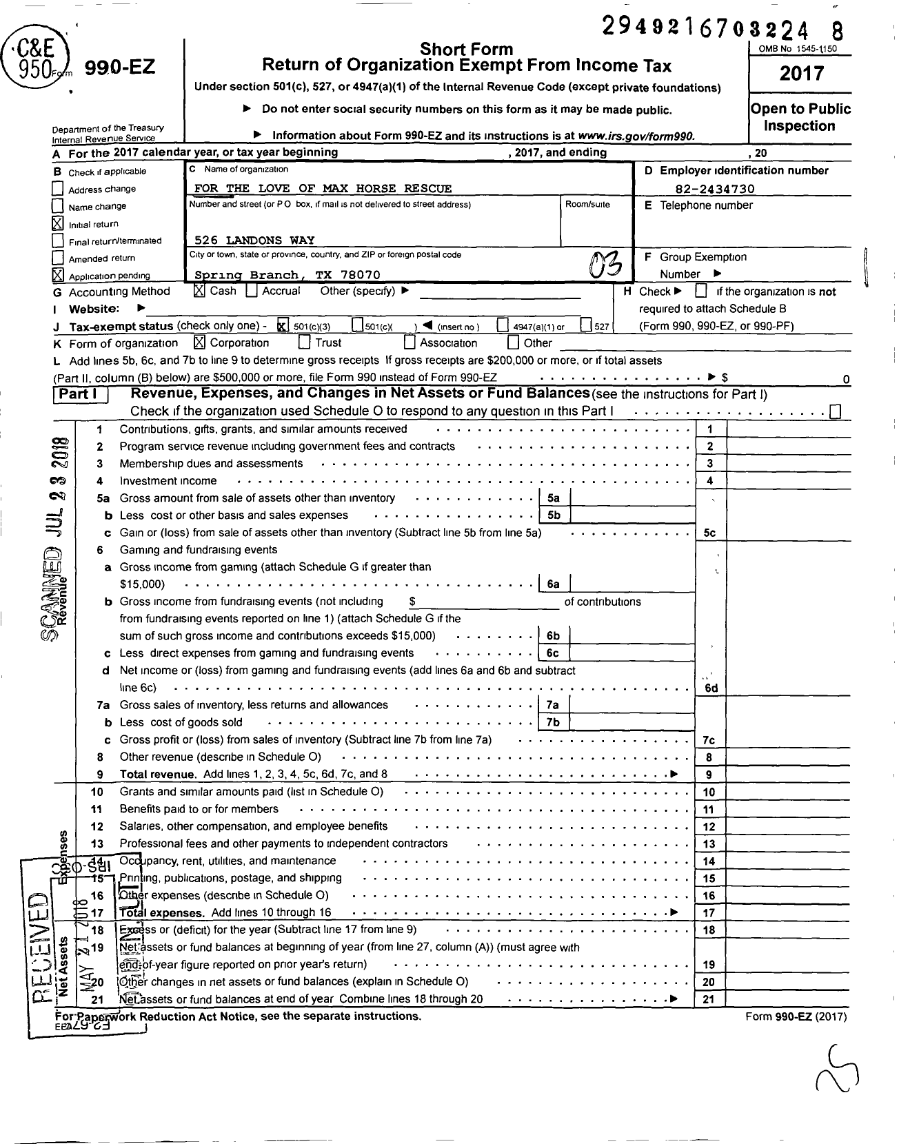 Image of first page of 2017 Form 990EZ for For the Love of Max Horse Rescue