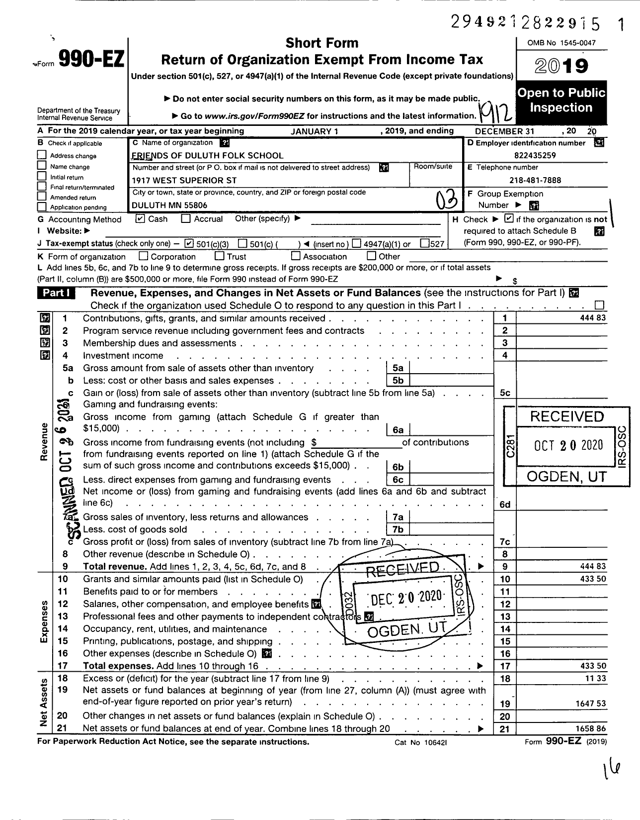 Image of first page of 2019 Form 990EZ for Duluth Folk School