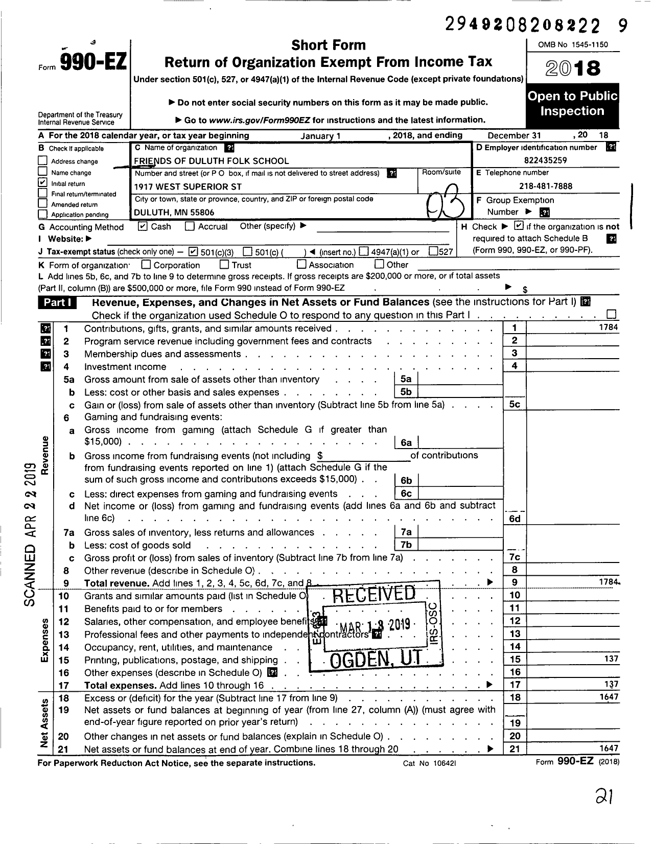 Image of first page of 2018 Form 990EZ for Duluth Folk School