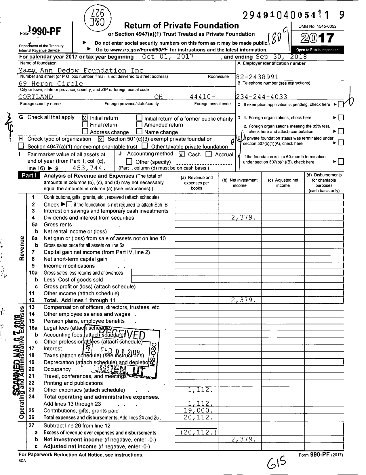 Image of first page of 2017 Form 990PF for Mary Ann Dedow Foundation