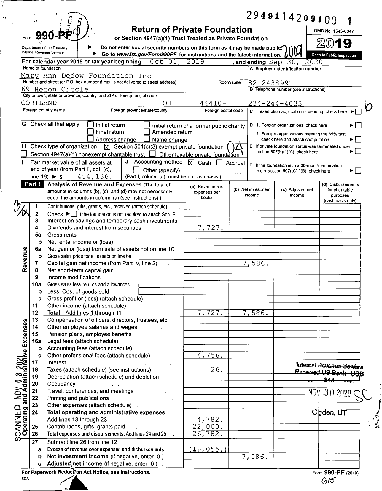 Image of first page of 2019 Form 990PF for Mary Ann Dedow Foundation