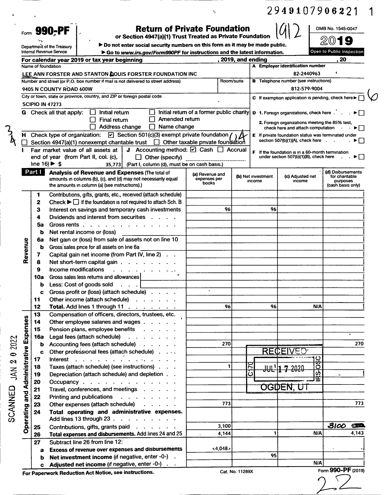 Image of first page of 2019 Form 990PF for Lee Ann Forster and Stanton Louis Forster Foundation