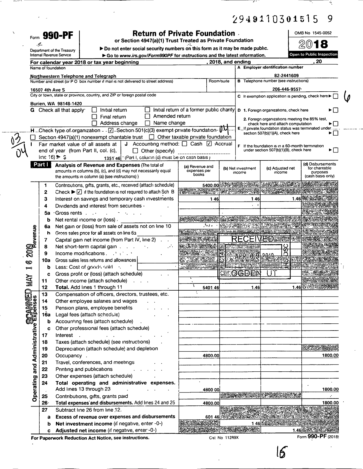 Image of first page of 2018 Form 990PF for Northwestern Telephone and Telegraph