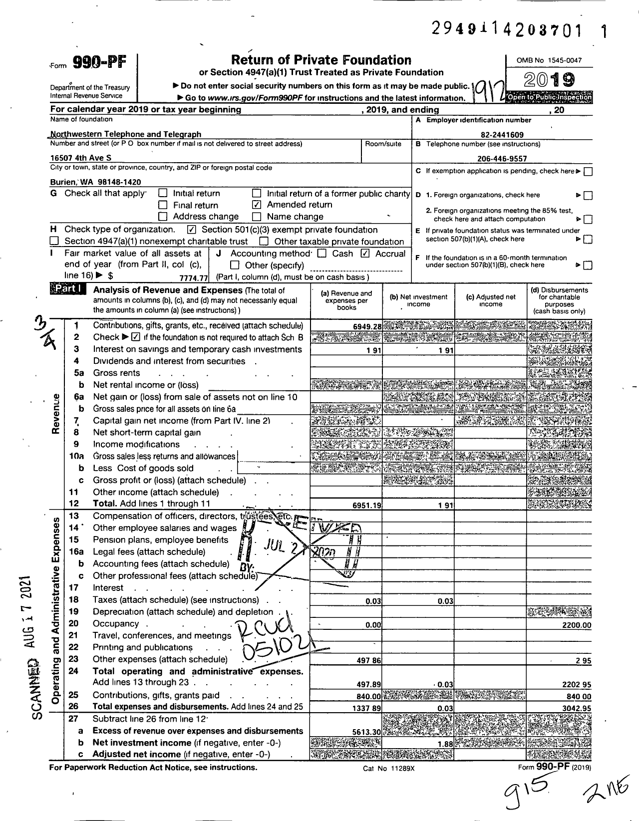 Image of first page of 2019 Form 990PF for Northwestern Telephone and Telegraph