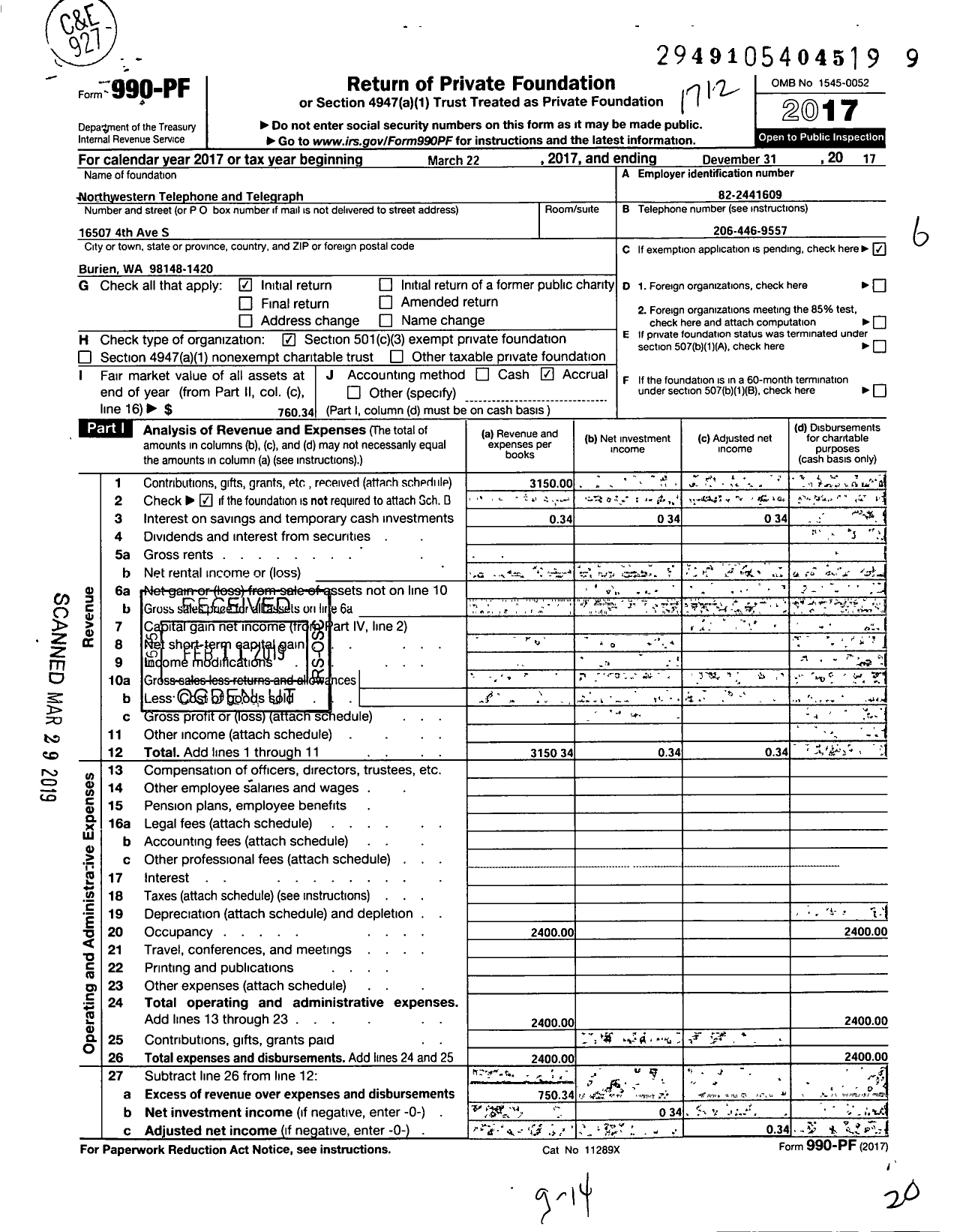 Image of first page of 2017 Form 990PF for Northwestern Telephone and Telegraph