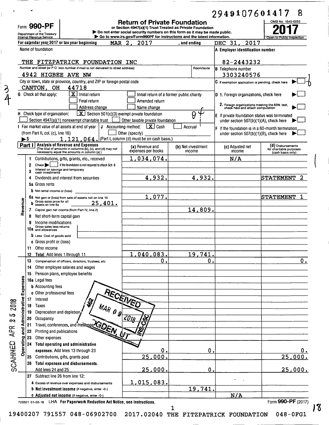 Image of first page of 2017 Form 990PF for The Fitzpatrick Foundation