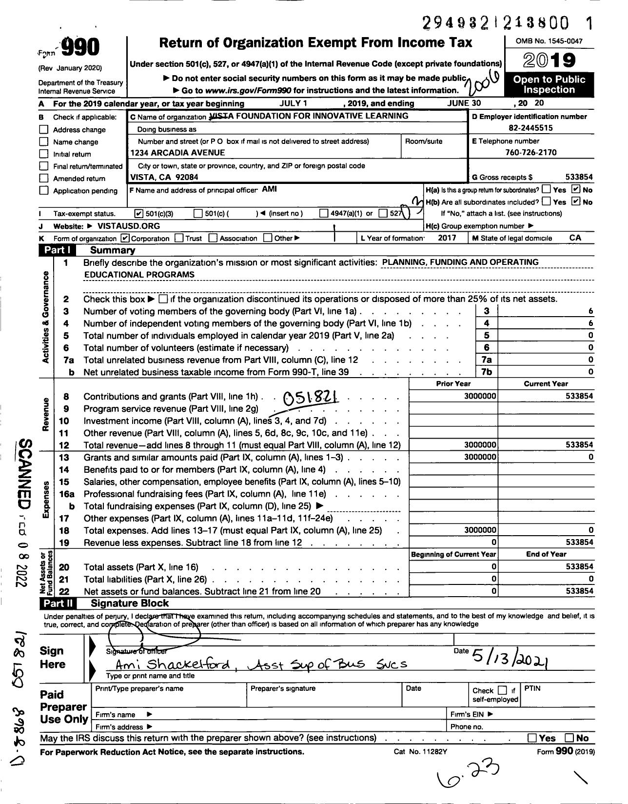 Image of first page of 2019 Form 990 for Vista Foundation for Innovative Learning