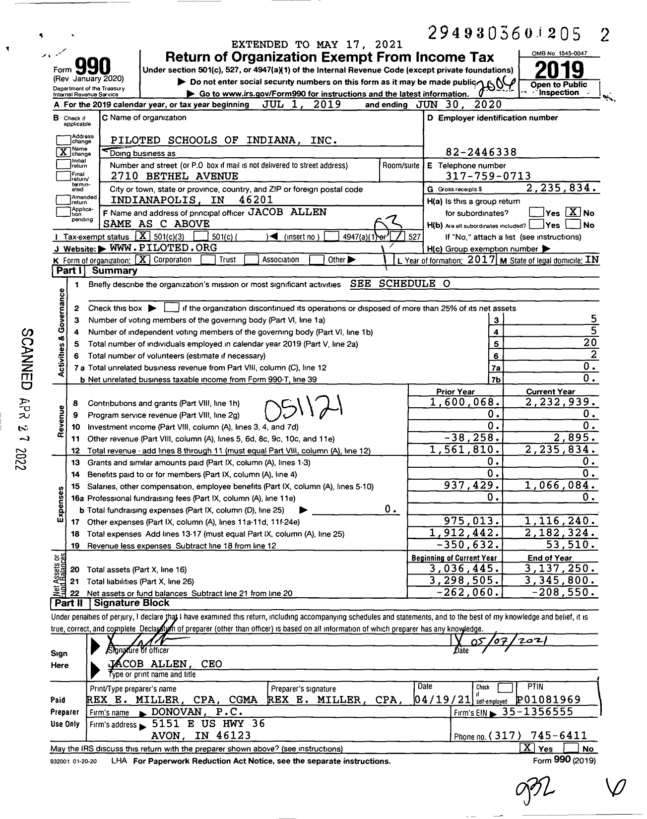 Image of first page of 2019 Form 990 for Piloted Schools of Indiana