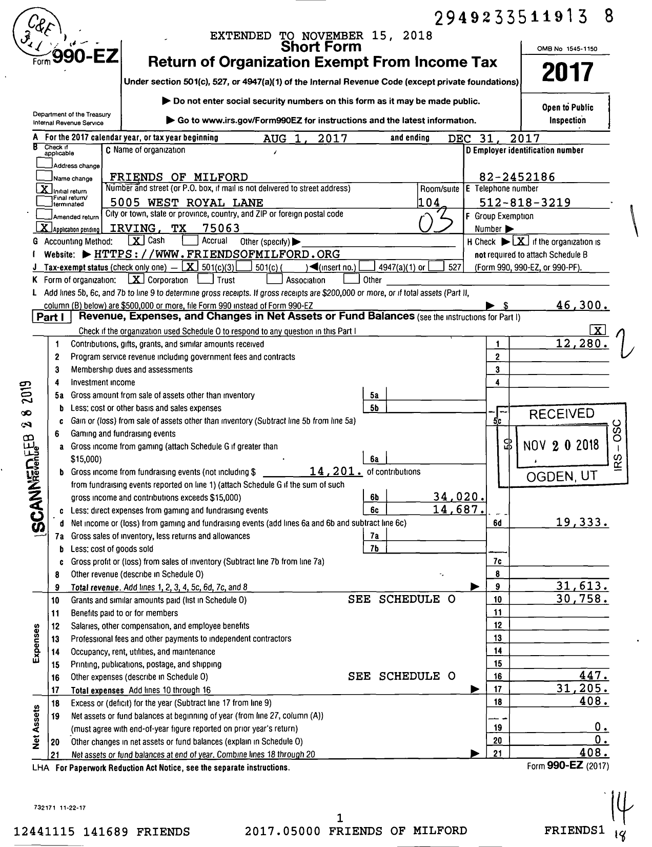 Image of first page of 2017 Form 990EZ for Friends of Milford