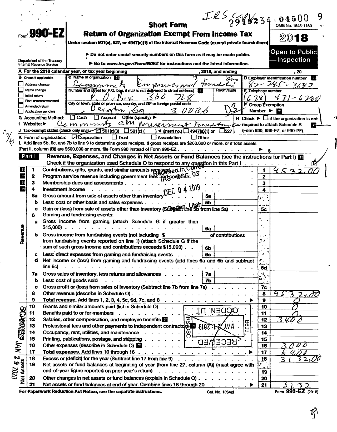 Image of first page of 2018 Form 990EZ for Community Empowerment Foundation