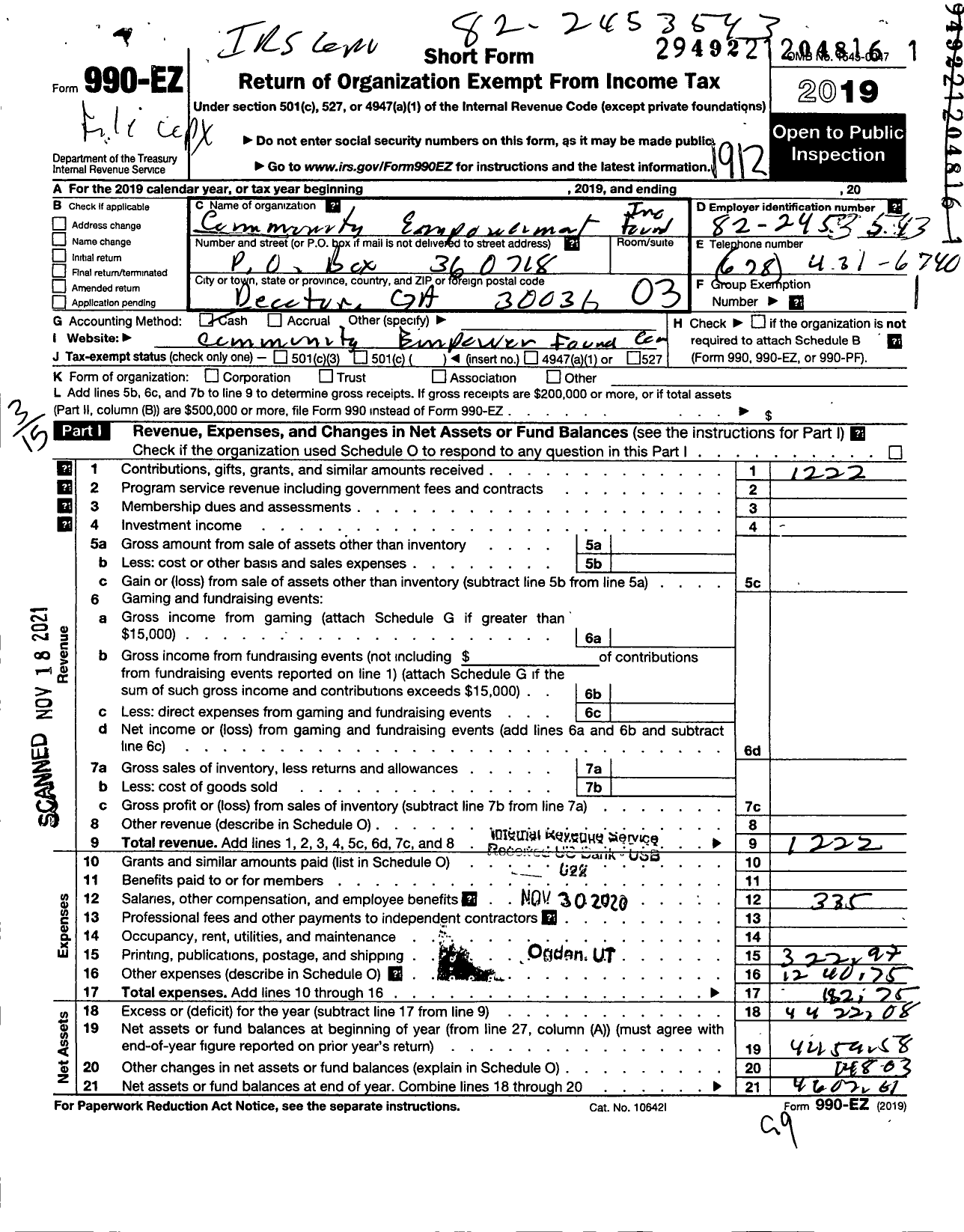 Image of first page of 2019 Form 990EZ for Community Empowerment Foundation