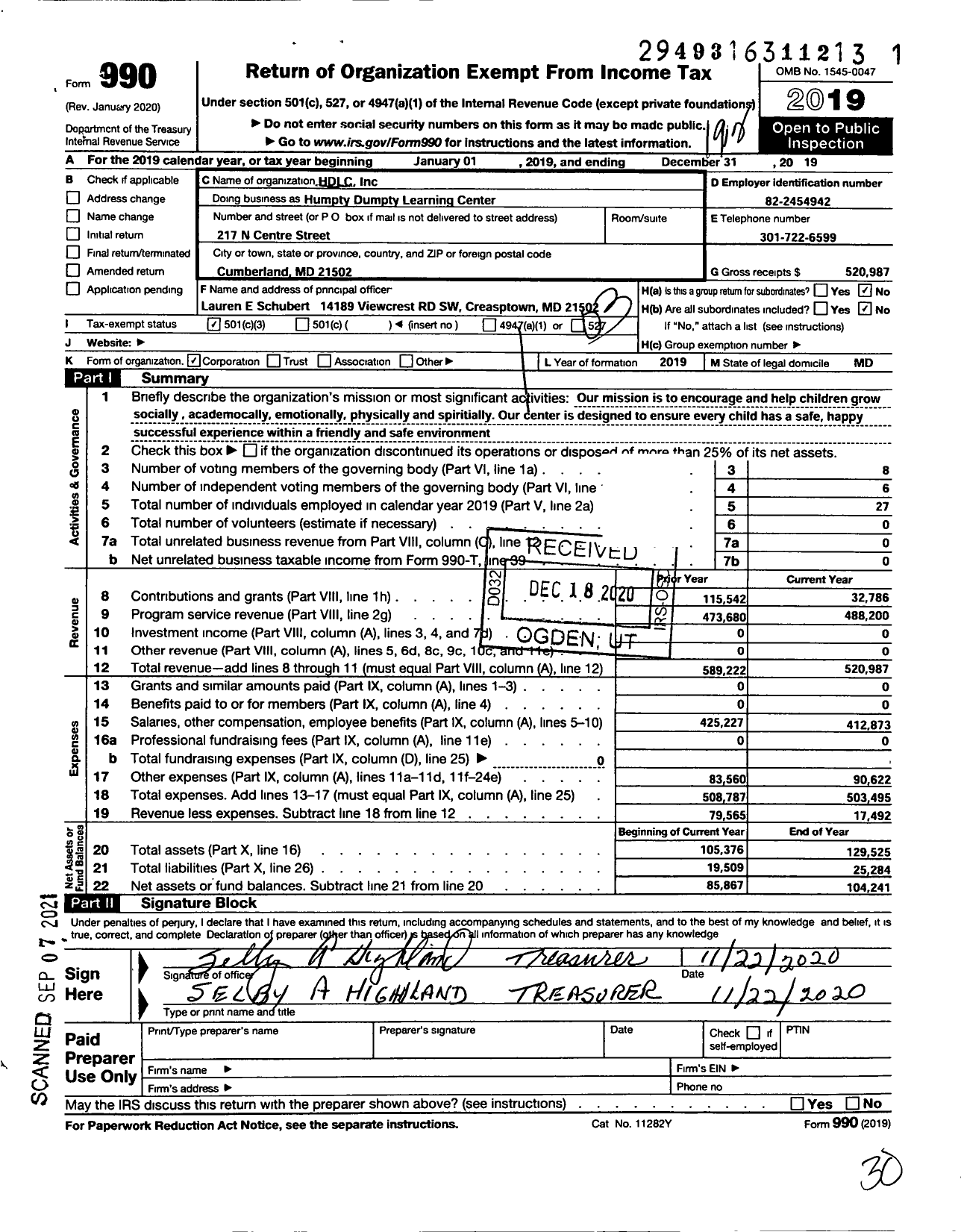 Image of first page of 2019 Form 990 for Humpty Dumpty Learning Center