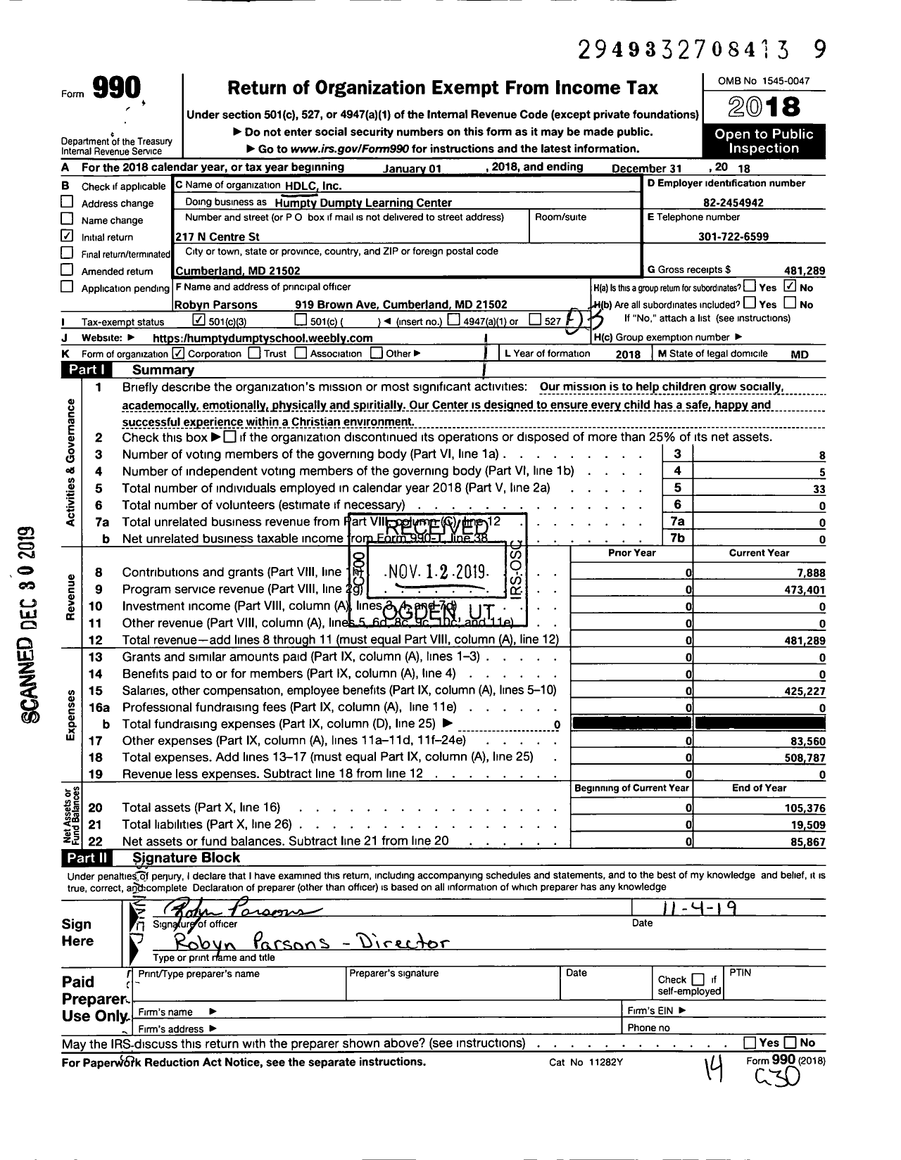 Image of first page of 2018 Form 990 for Humpty Dumpty Learning Center