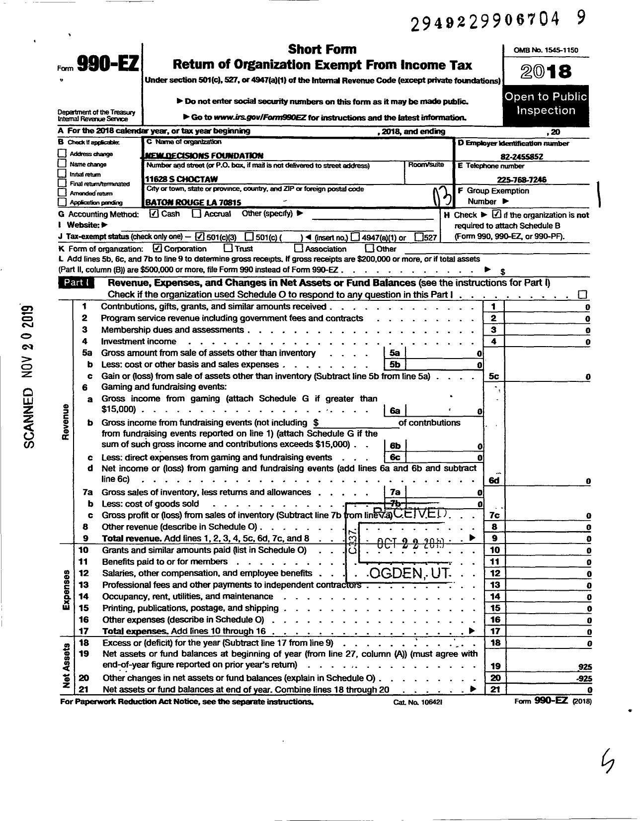 Image of first page of 2018 Form 990EZ for New Decisions Foundation