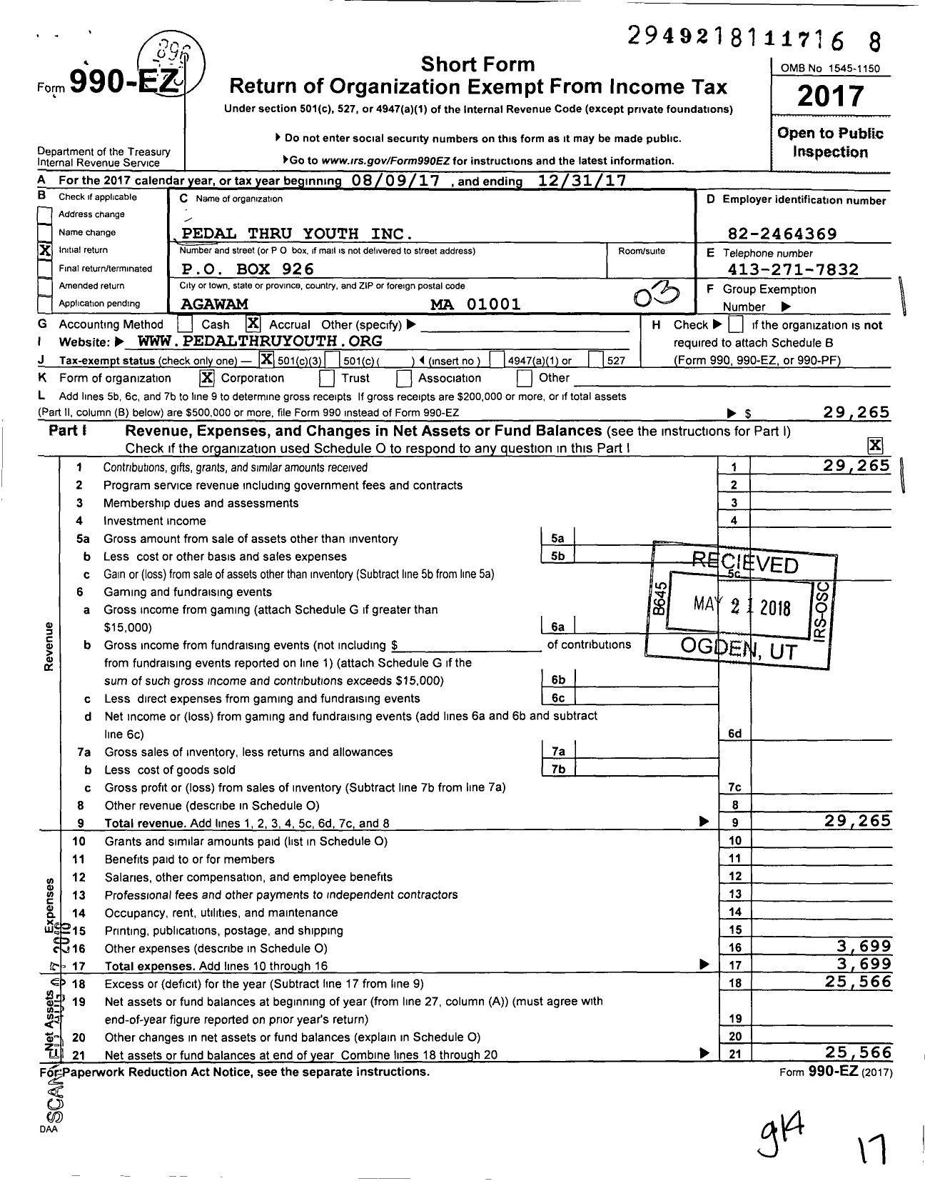 Image of first page of 2017 Form 990EZ for Pedal Thru Youth