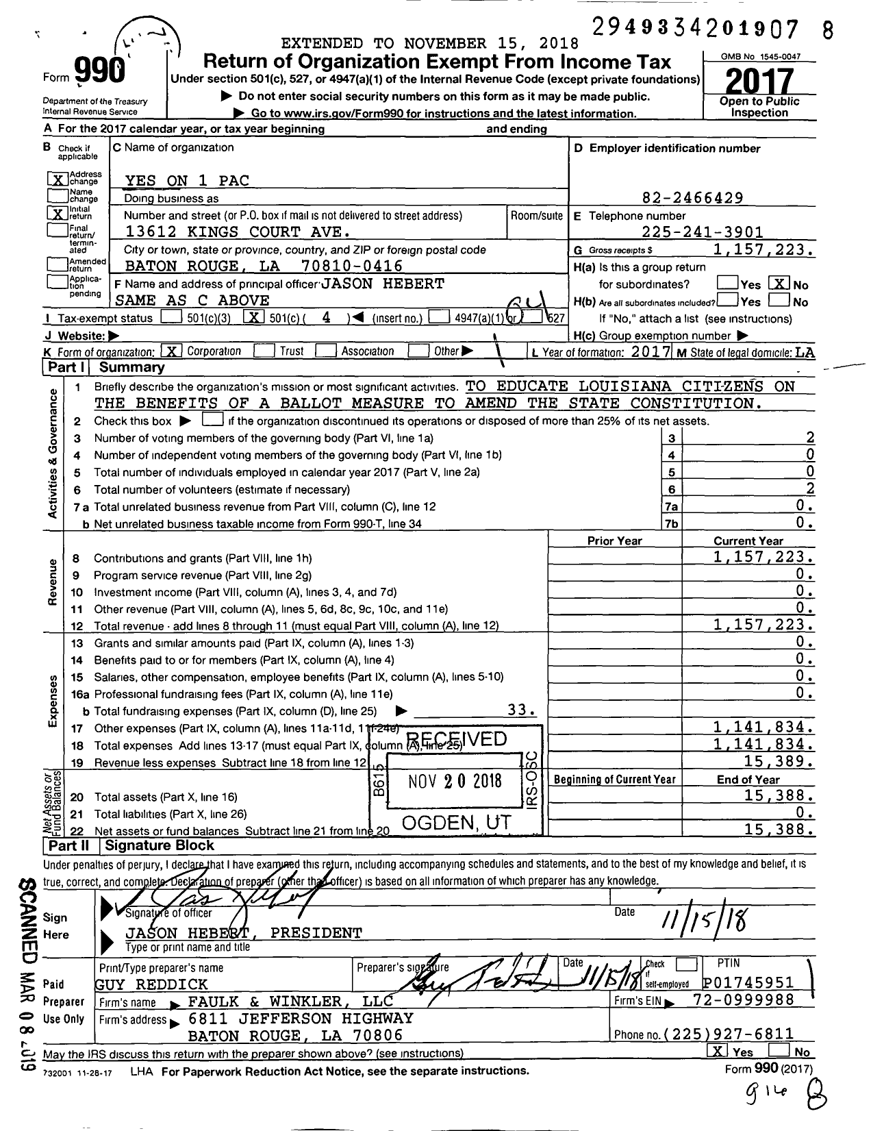 Image of first page of 2017 Form 990O for Yes on 1 Pac