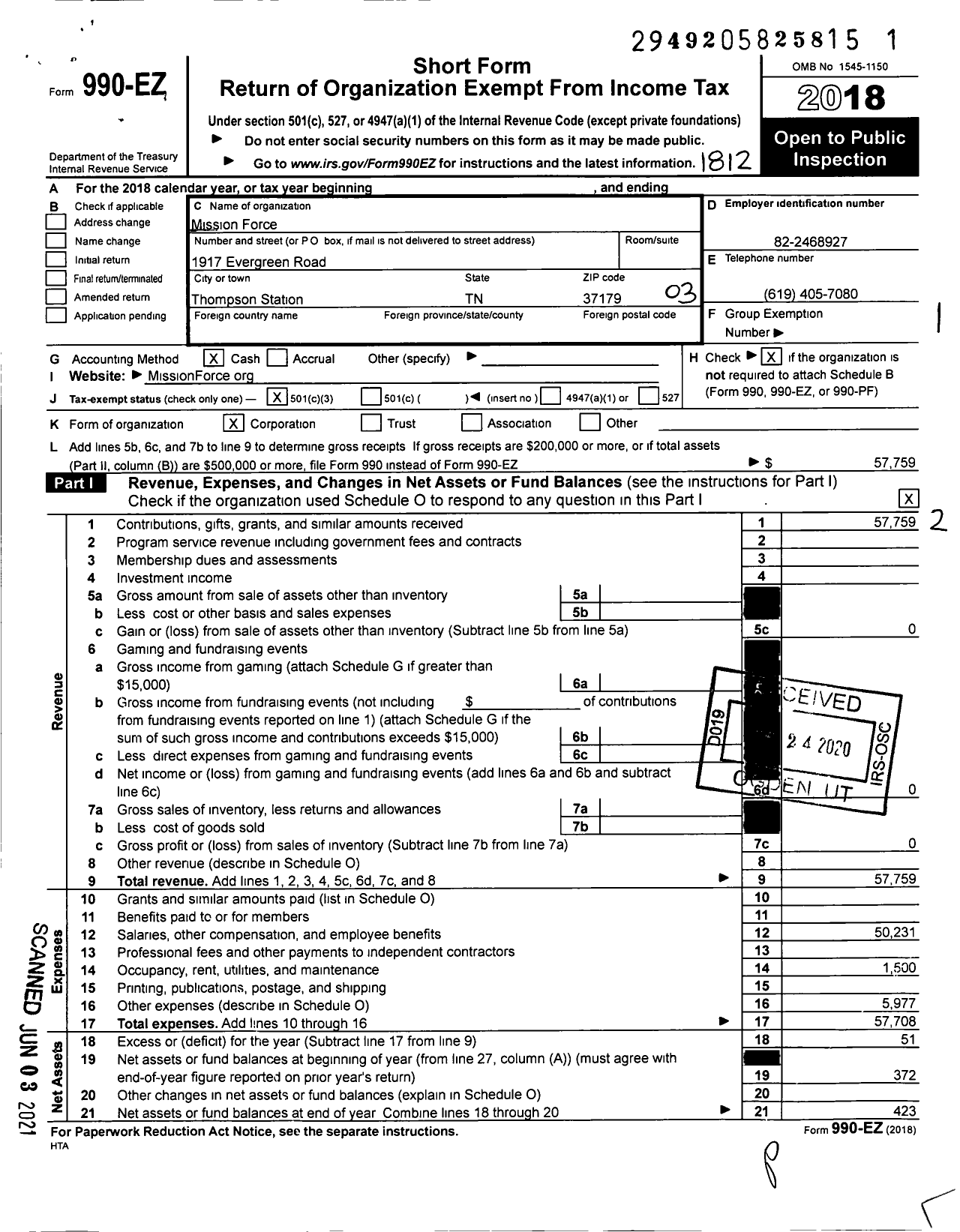 Image of first page of 2018 Form 990EZ for Mission Force