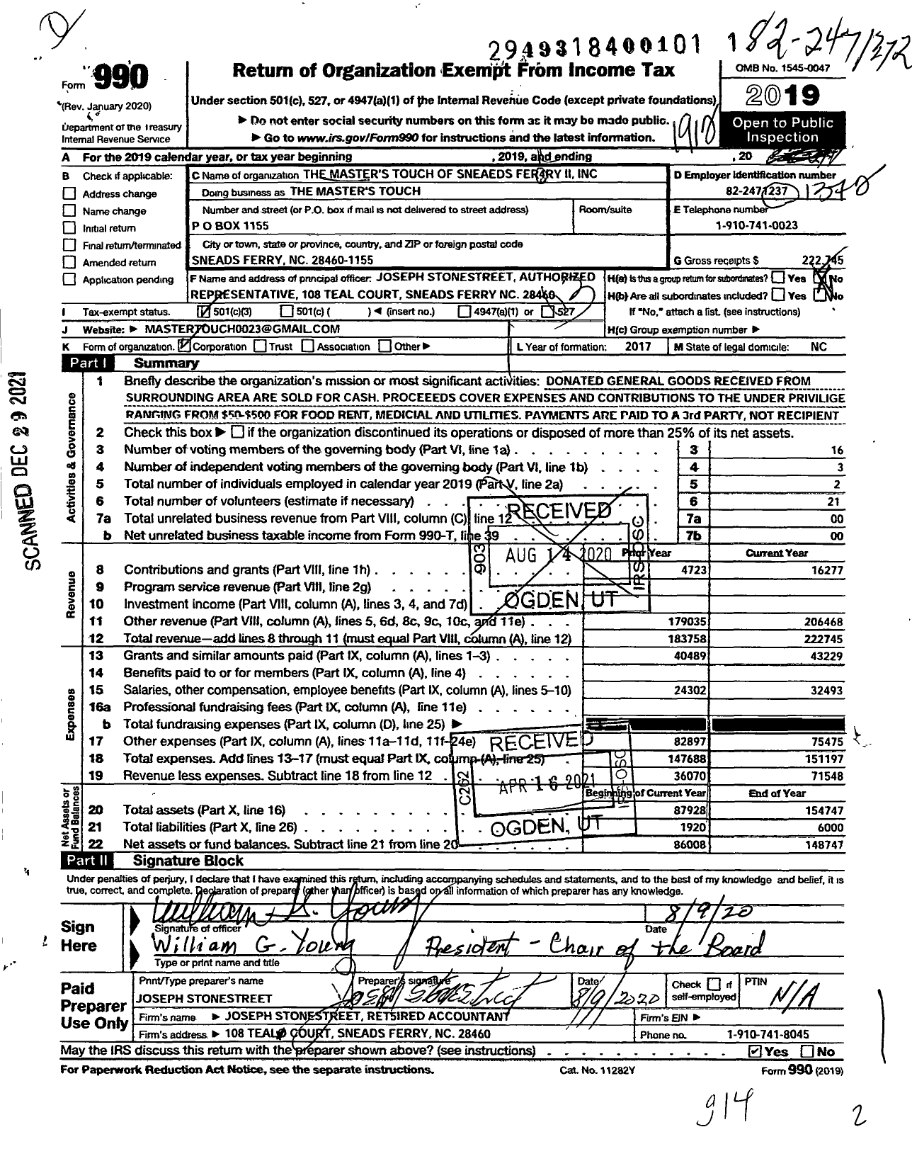 Image of first page of 2019 Form 990 for The Master's Touch