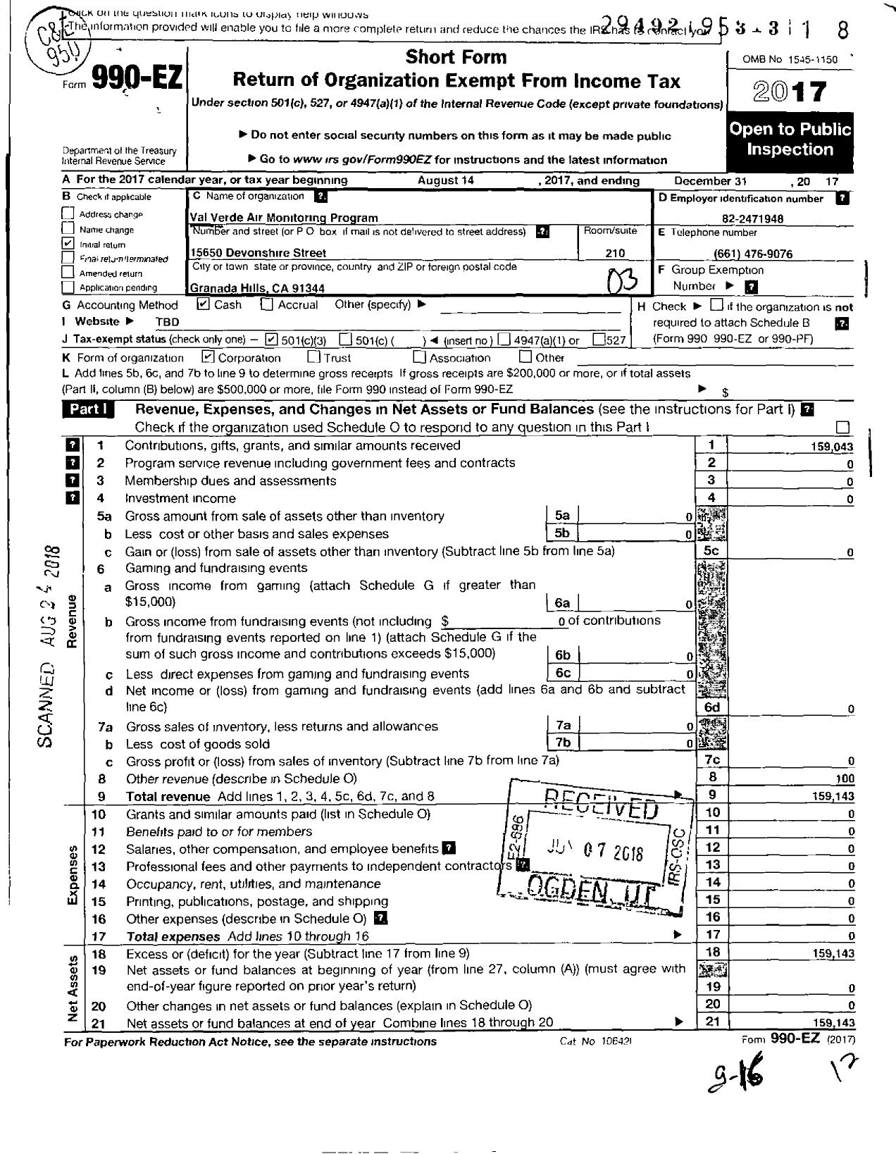 Image of first page of 2017 Form 990EZ for Val Verde Air Monitoring Program