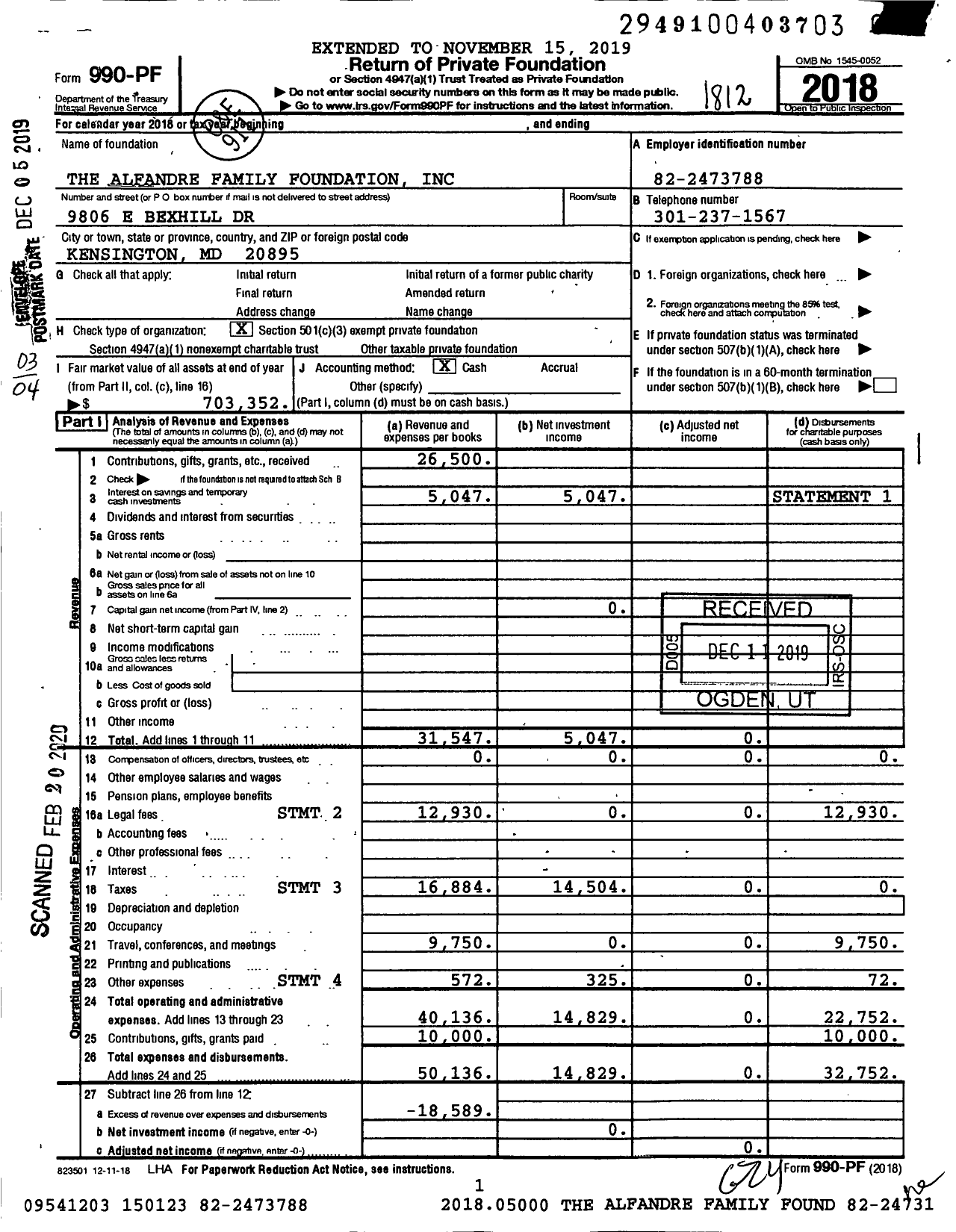 Image of first page of 2018 Form 990PF for The Alfandre Family Foundation