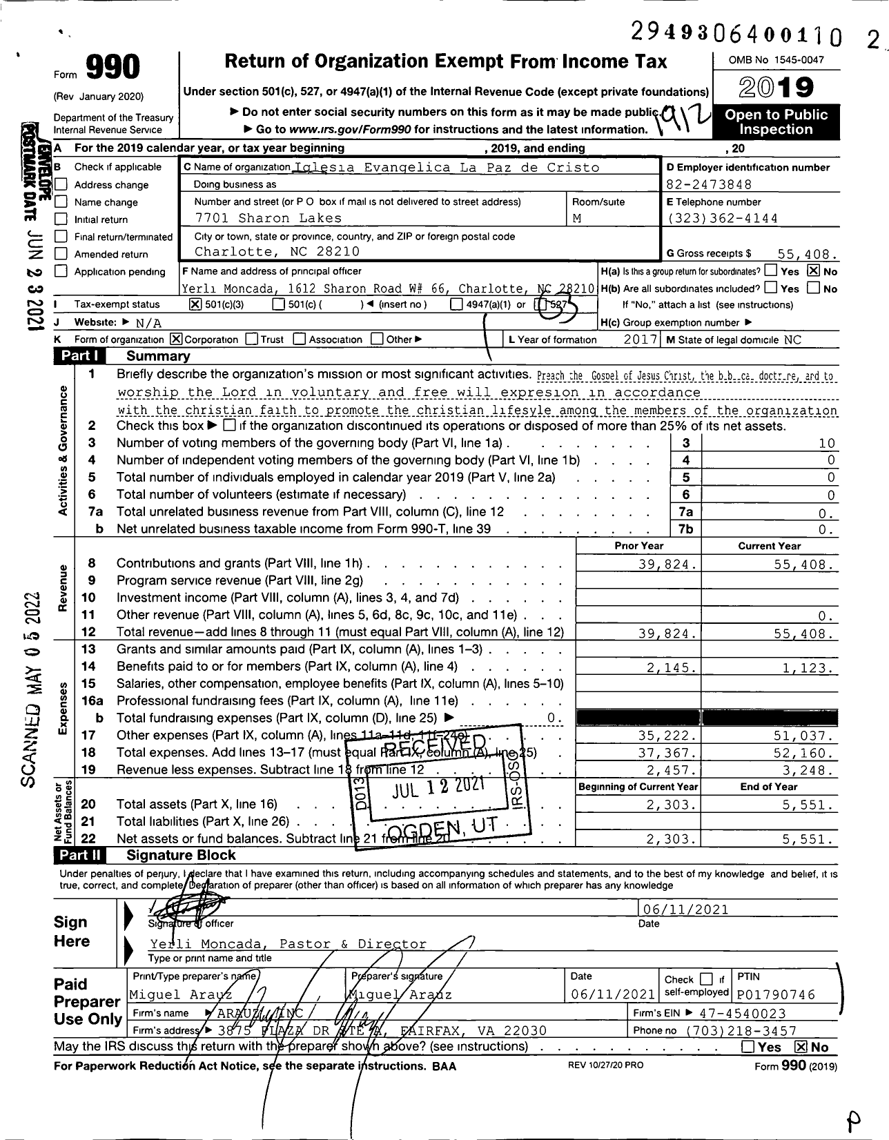 Image of first page of 2019 Form 990 for Iglesia Evangelica La Paz de Cristo