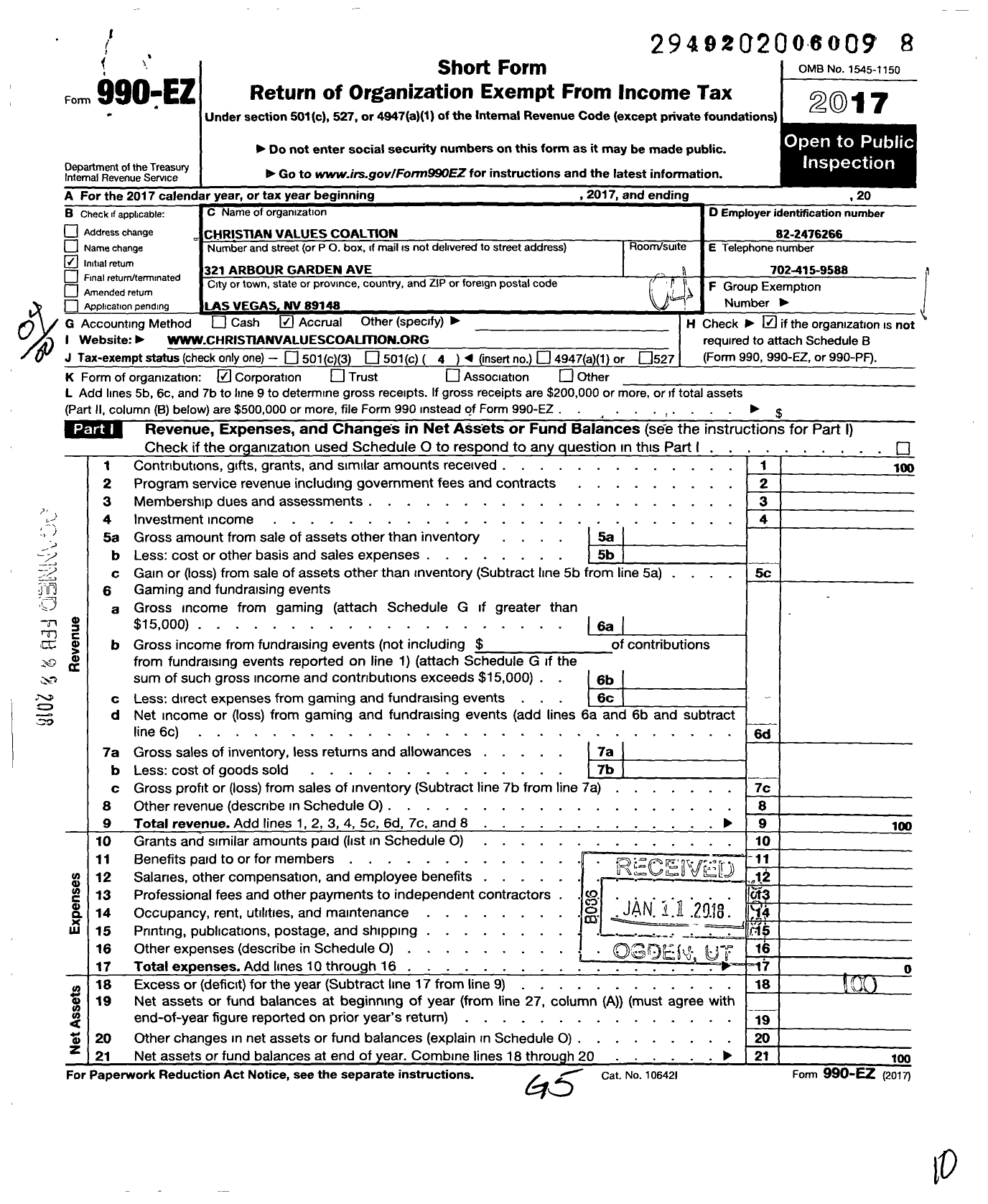 Image of first page of 2017 Form 990EO for Christian Values Coalition