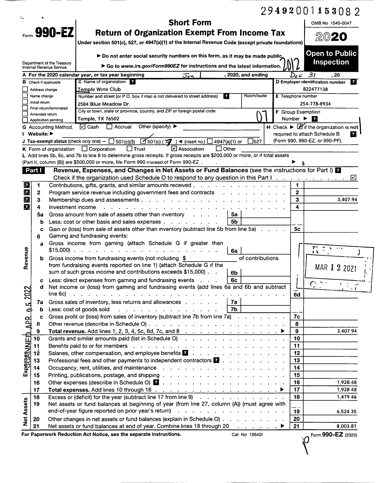 Image of first page of 2020 Form 990EO for Temple Wine Club