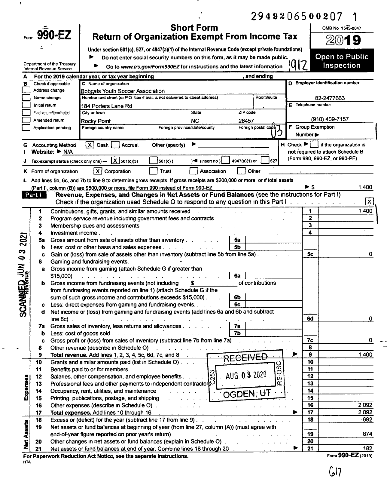 Image of first page of 2019 Form 990EZ for Bobcats Youth Soccer Association