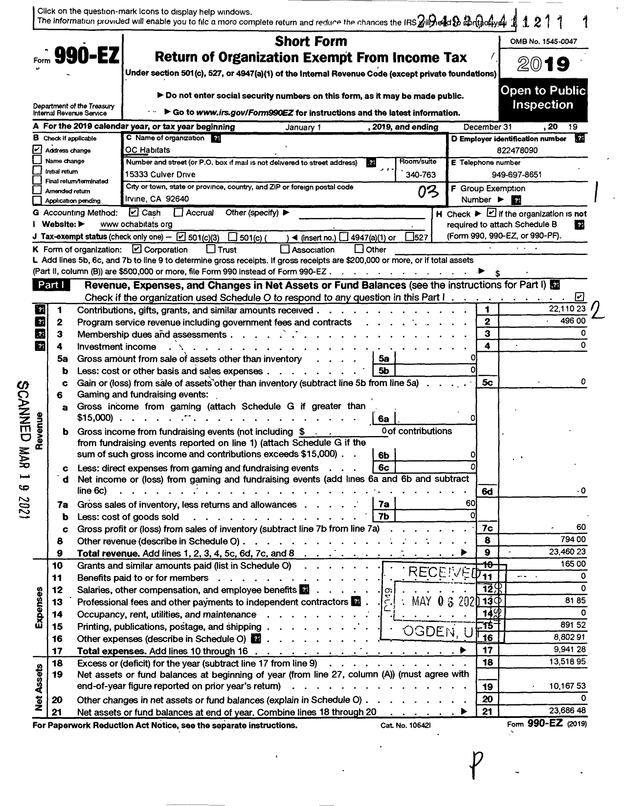 Image of first page of 2019 Form 990EZ for Oc Habitats