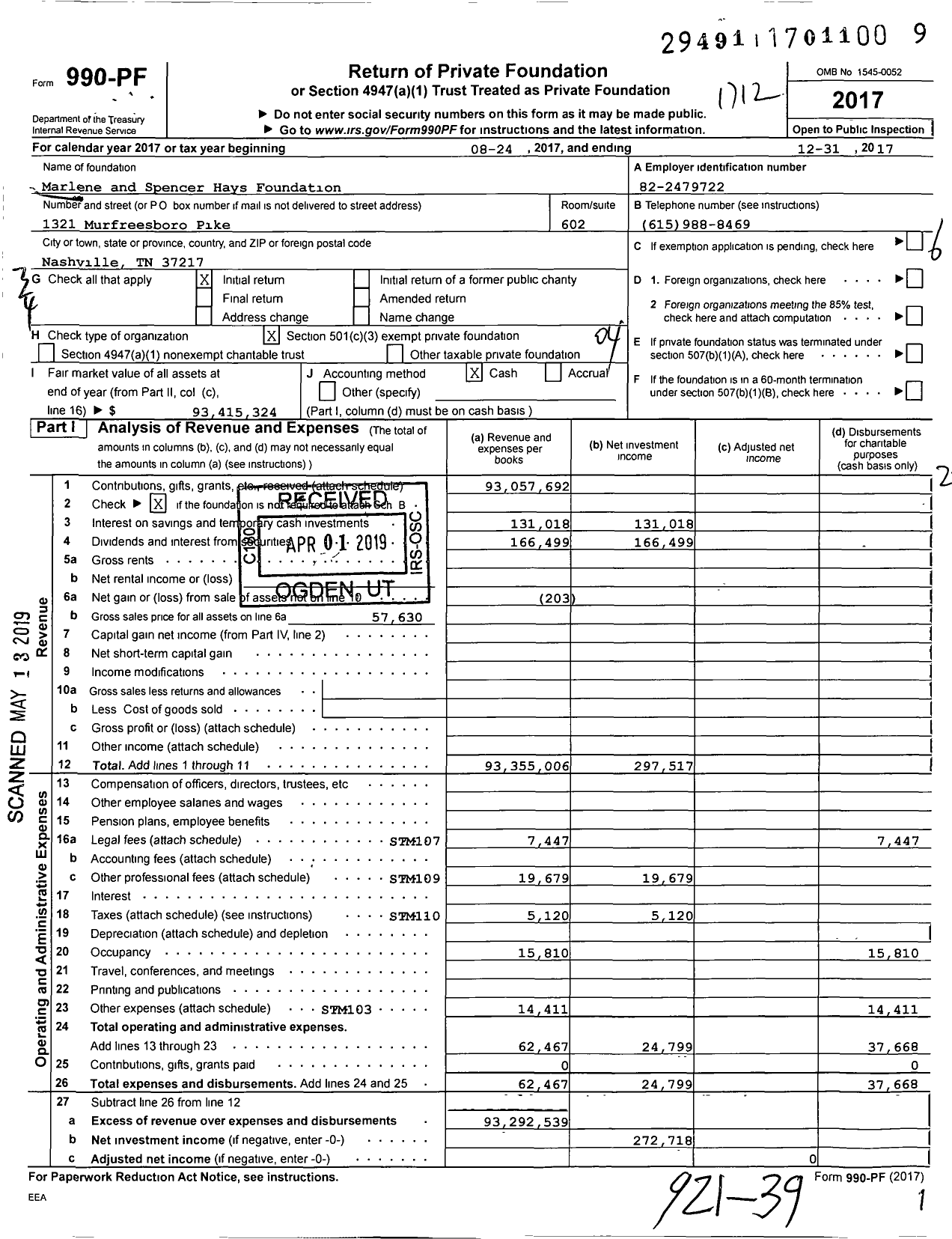 Image of first page of 2017 Form 990PF for Marlene and Spencer Hays Foundation