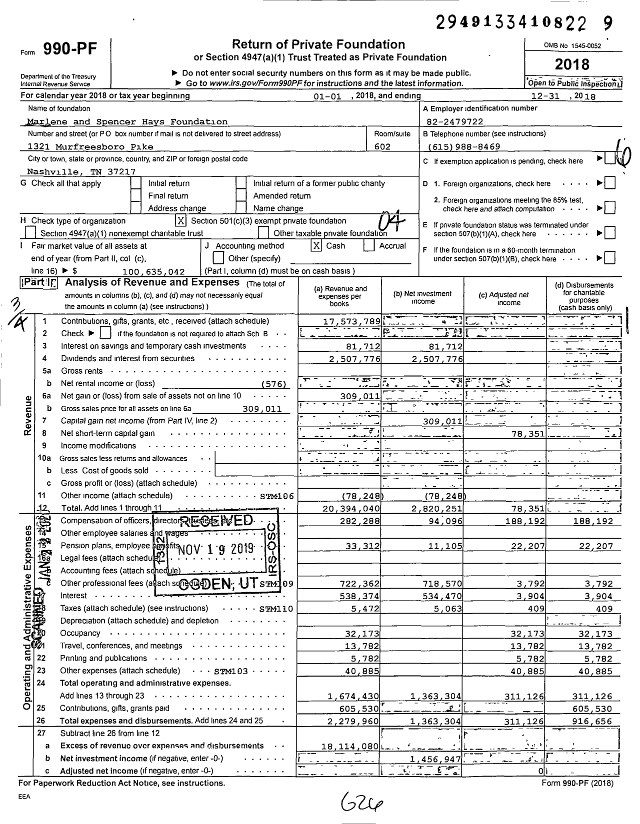 Image of first page of 2018 Form 990PF for Marlene and Spencer Hays Foundation