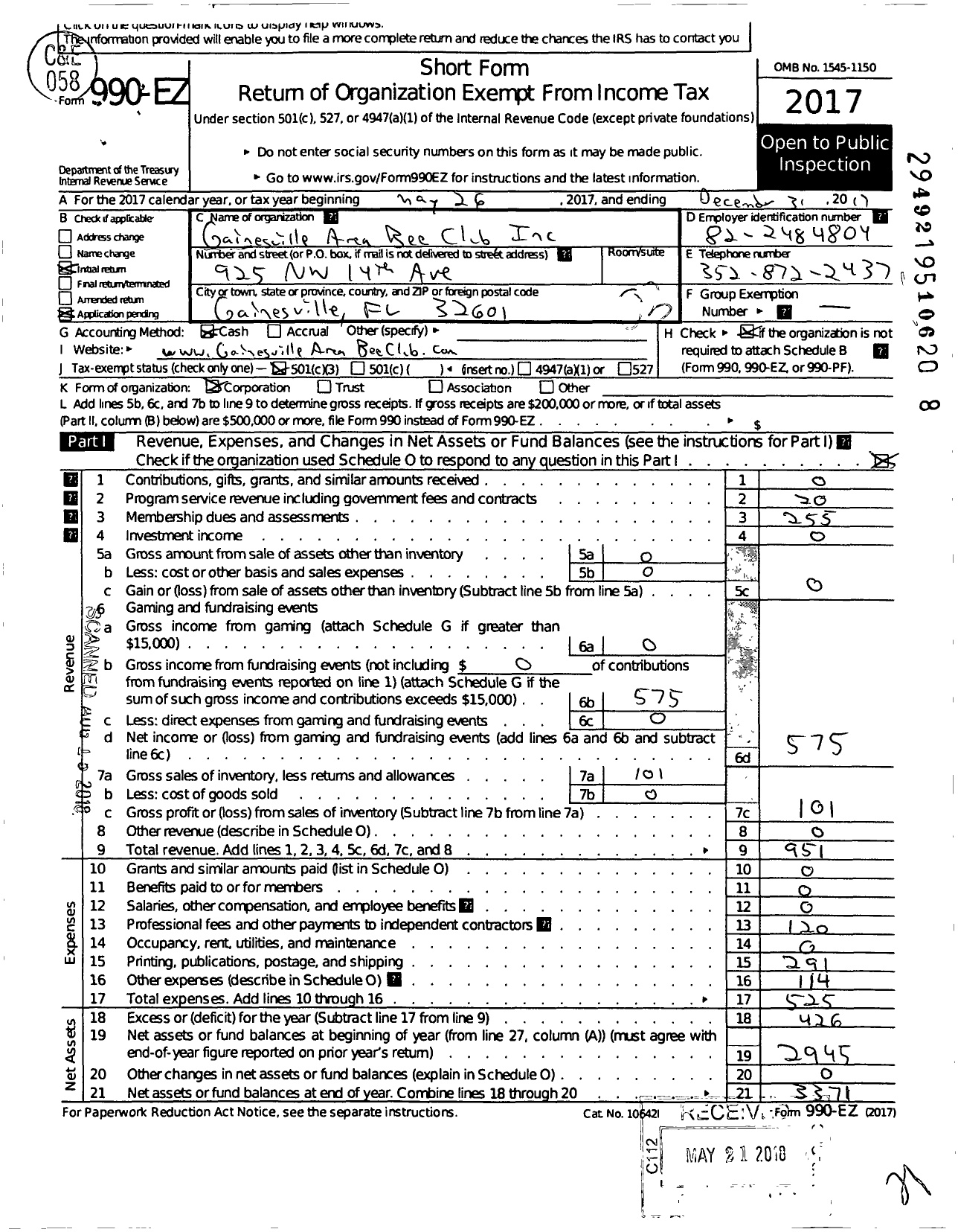 Image of first page of 2017 Form 990EZ for Gainesville Area Bee Club Incorporated