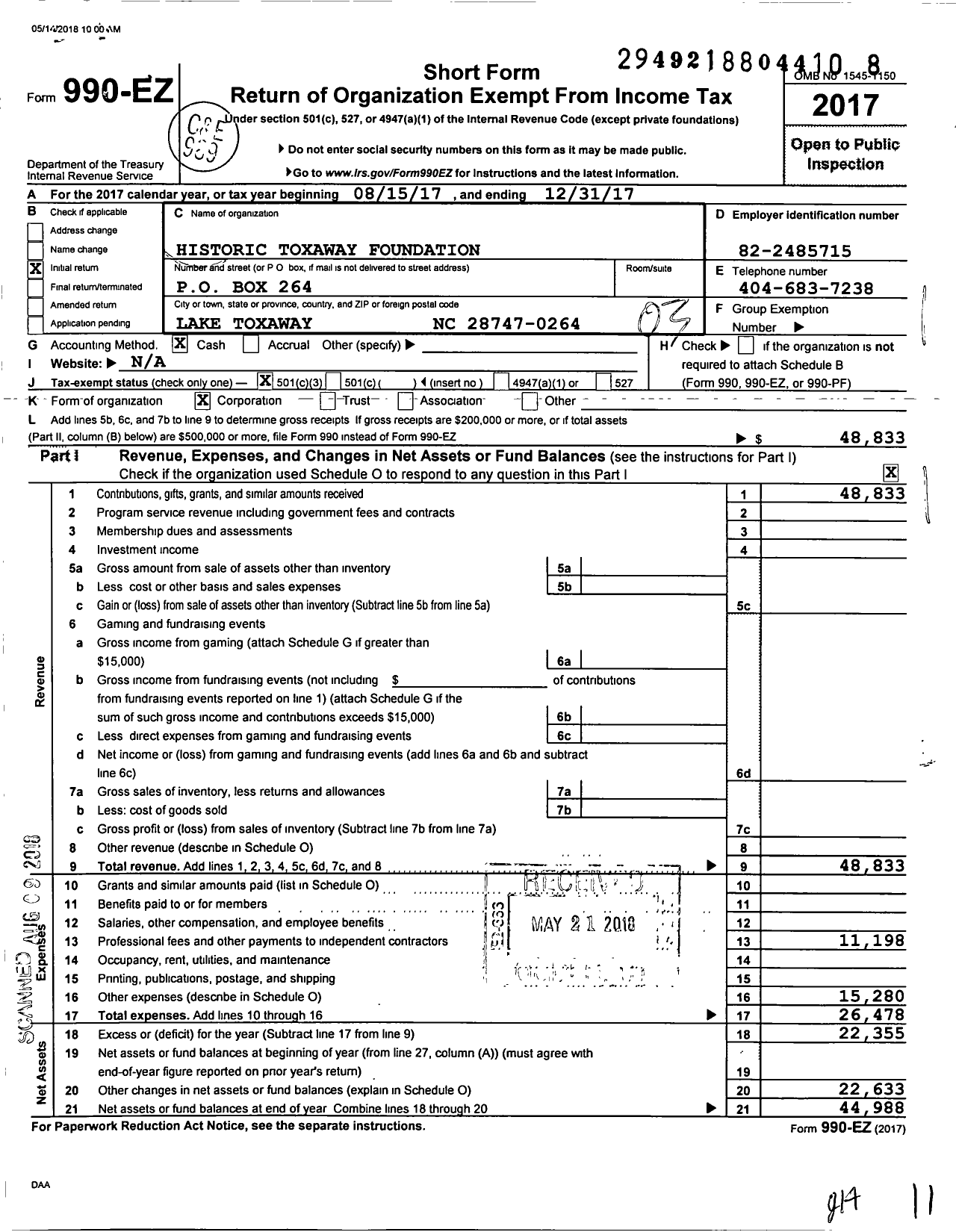 Image of first page of 2017 Form 990EZ for Historic Toxaway Foundation