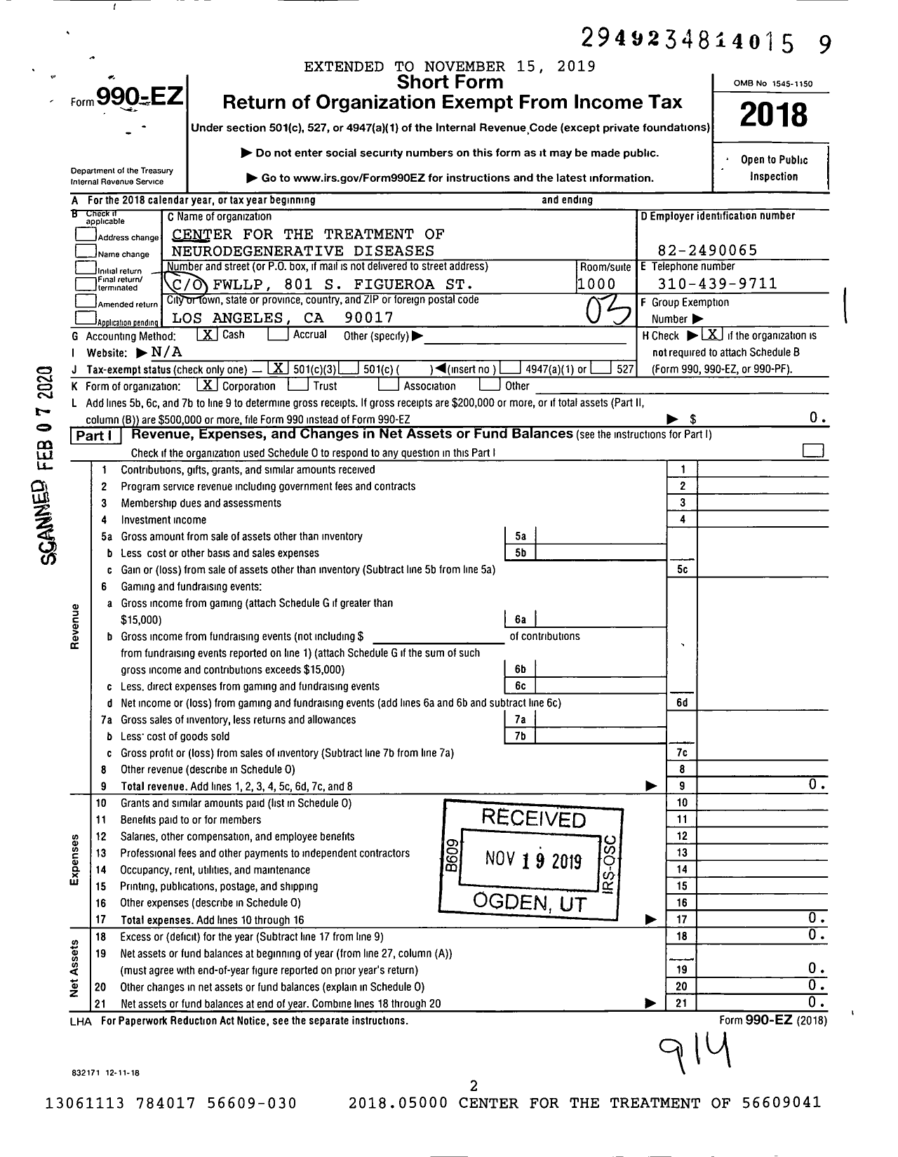 Image of first page of 2018 Form 990EZ for Center for the Treatment of Neurodegenerative Diseases