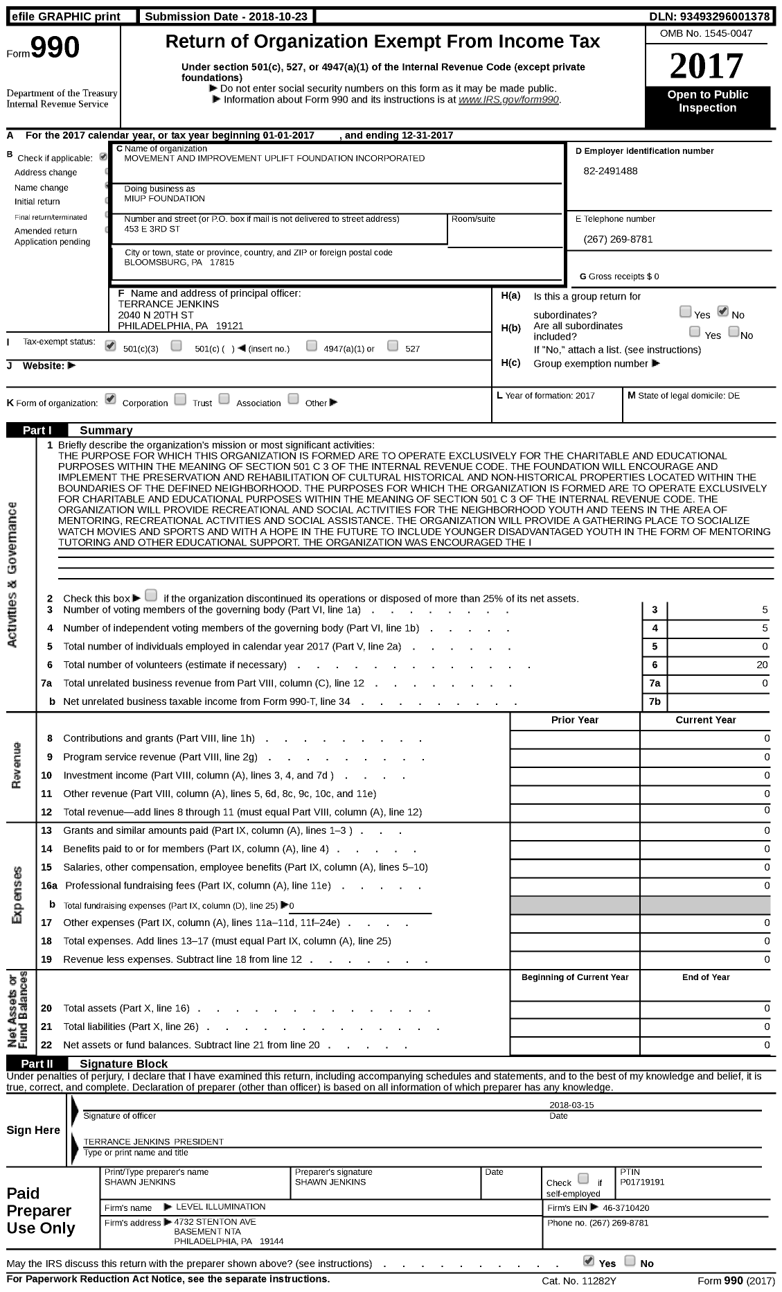 Image of first page of 2017 Form 990 for Movement and Improvement Uplift Foundation