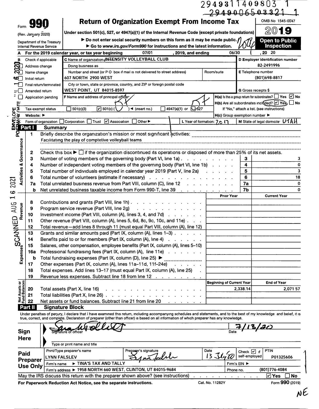 Image of first page of 2019 Form 990O for Intensity Volleyball Club