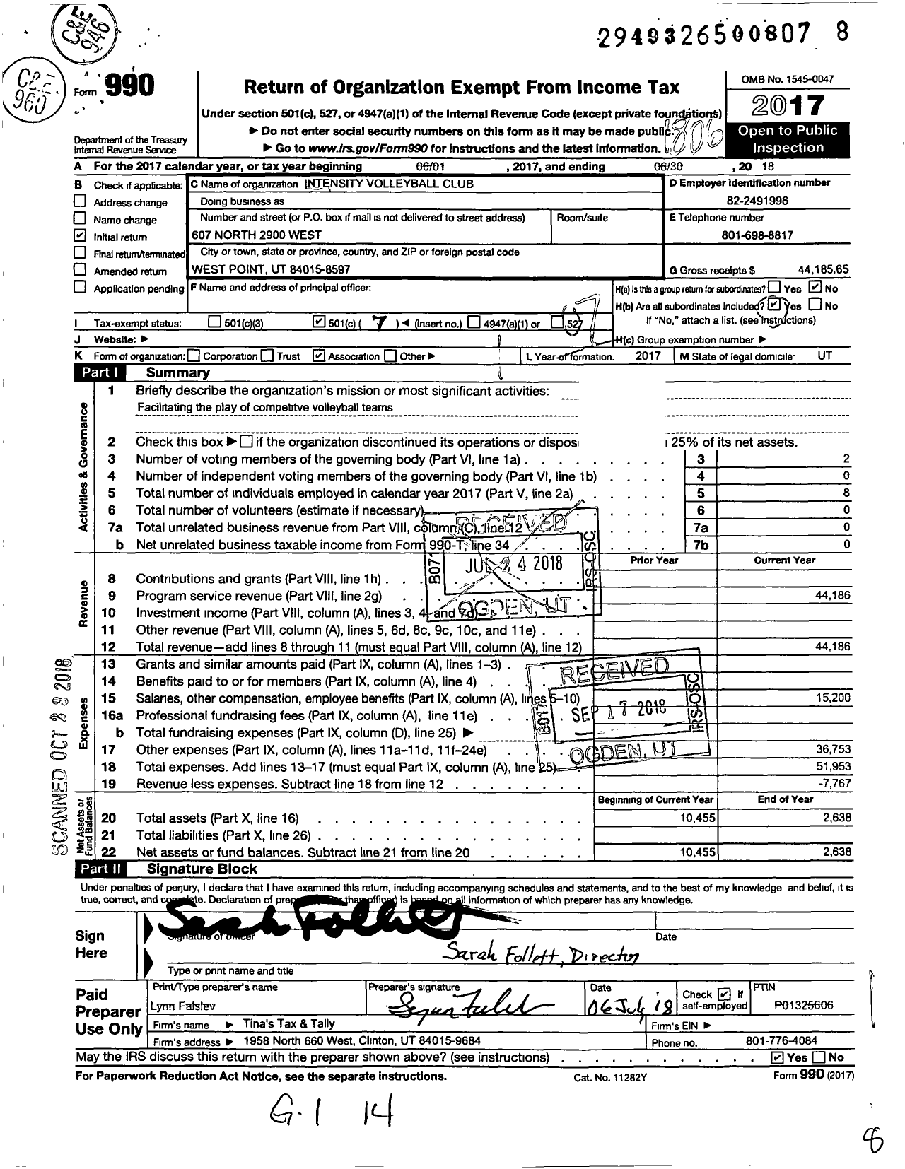 Image of first page of 2017 Form 990O for Intensity Volleyball Club