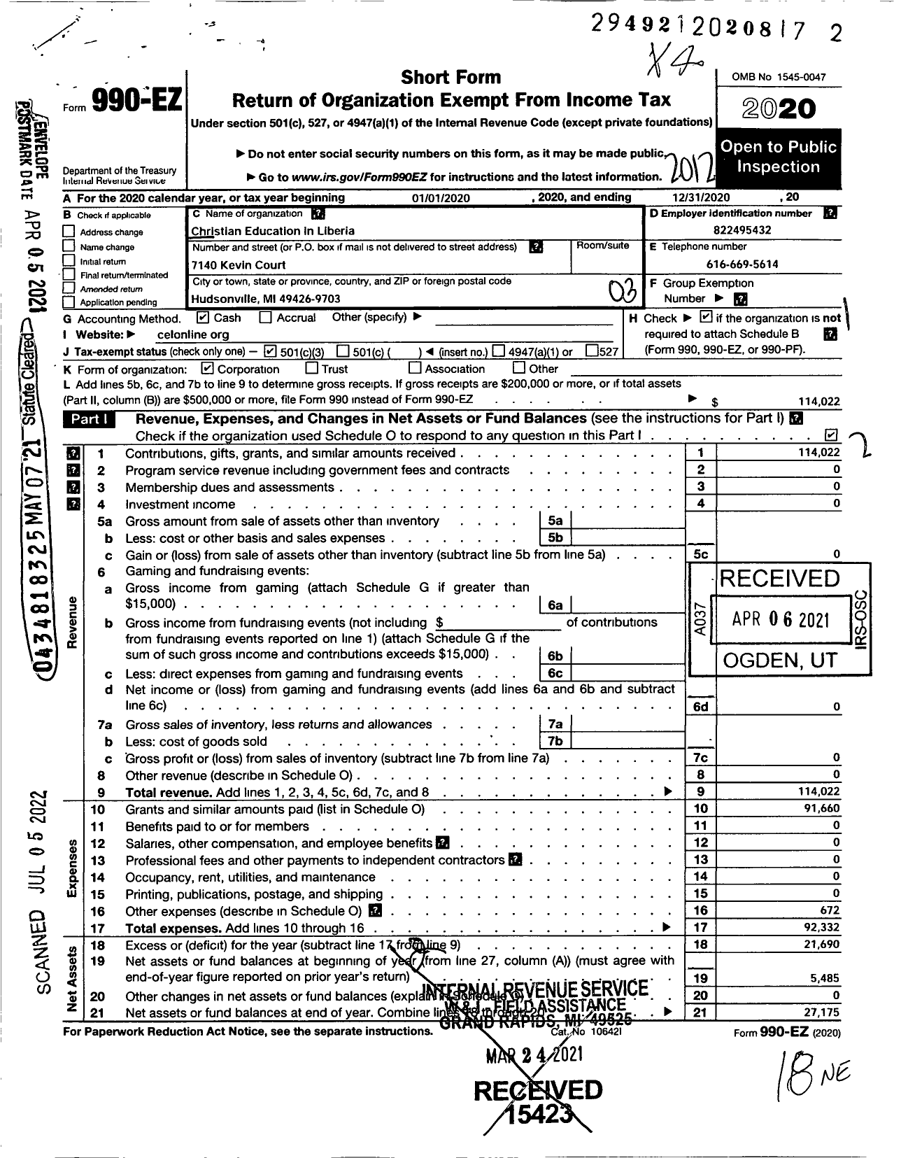 Image of first page of 2020 Form 990EZ for Christian Education in Liberia