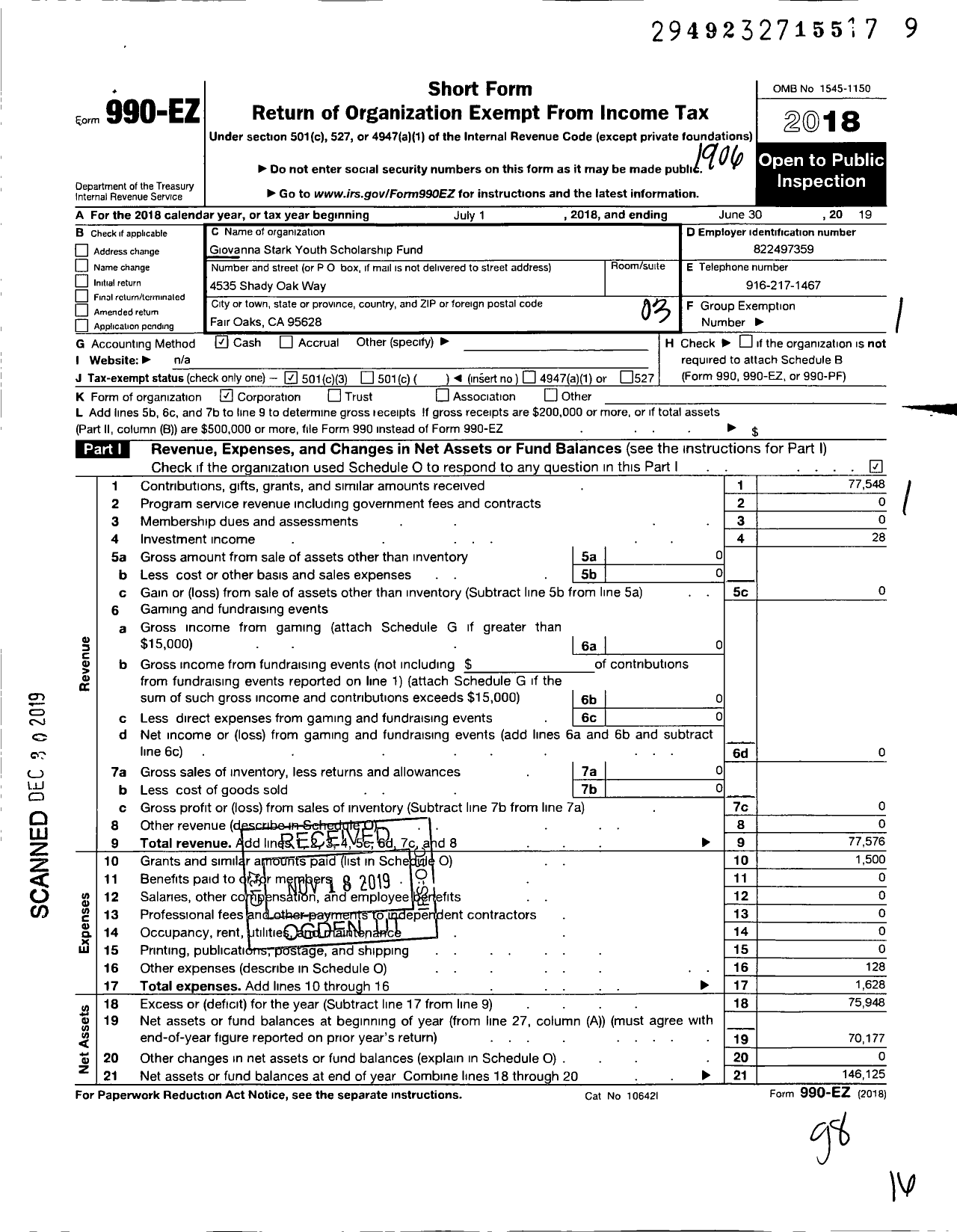 Image of first page of 2018 Form 990EZ for Giovanna Stark Youth Scholarship Fund