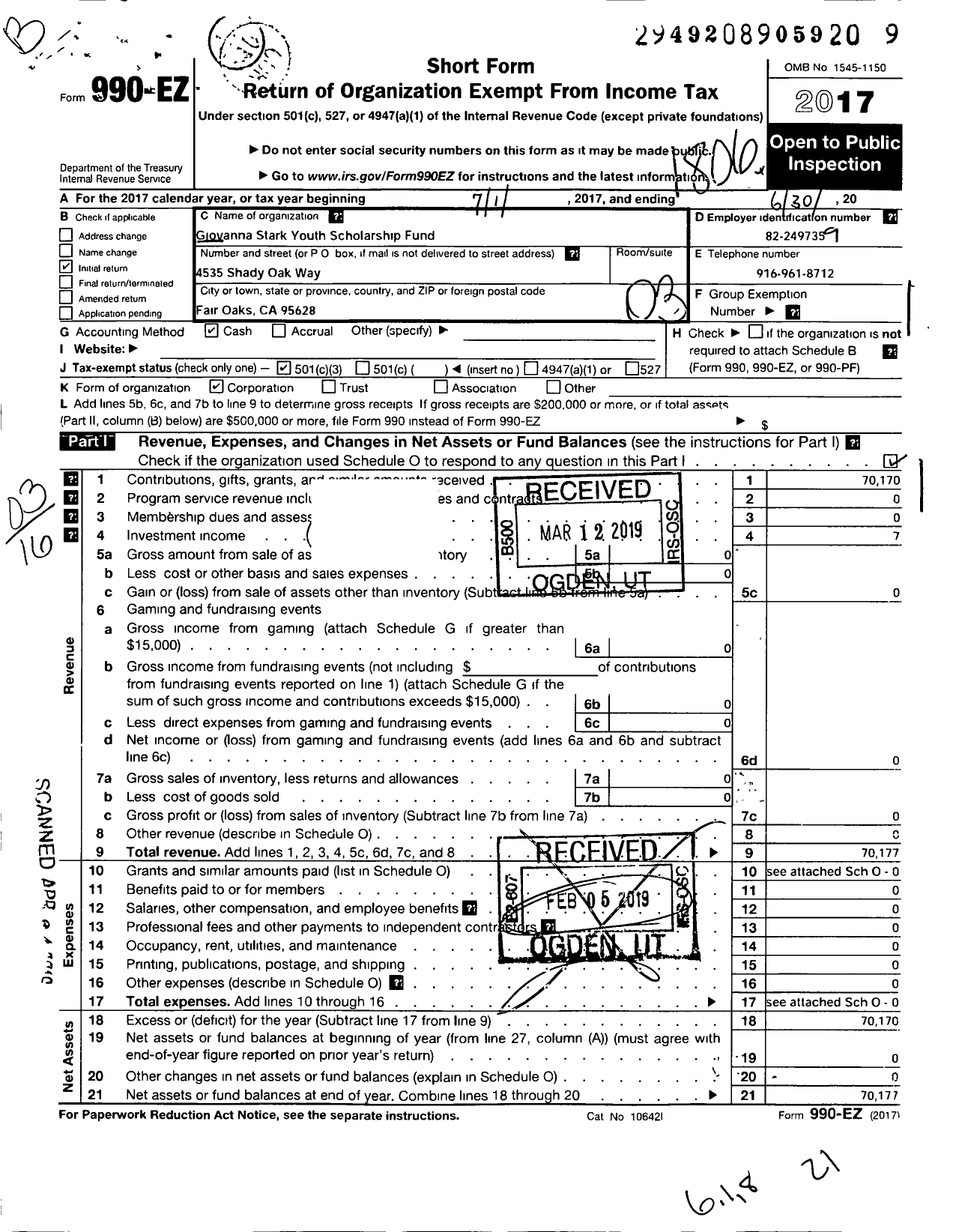 Image of first page of 2017 Form 990EZ for Giovanna Stark Youth Scholarship Fund