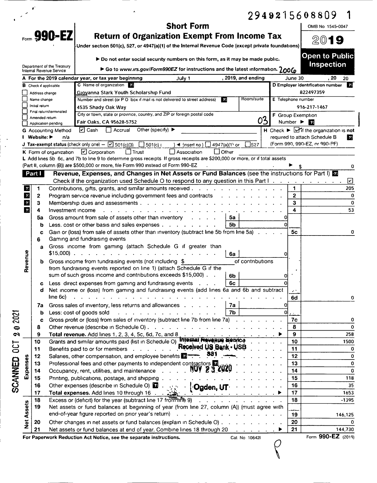 Image of first page of 2019 Form 990EZ for Giovanna Stark Youth Scholarship Fund