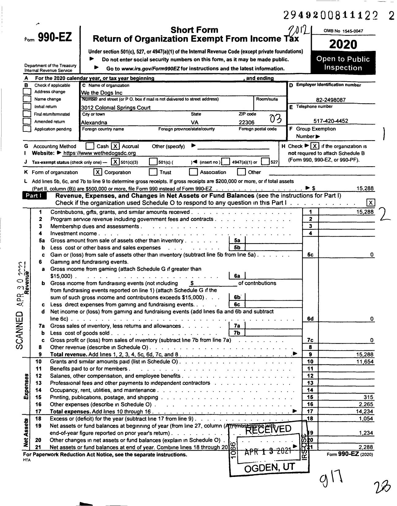 Image of first page of 2020 Form 990EZ for We the Dogs