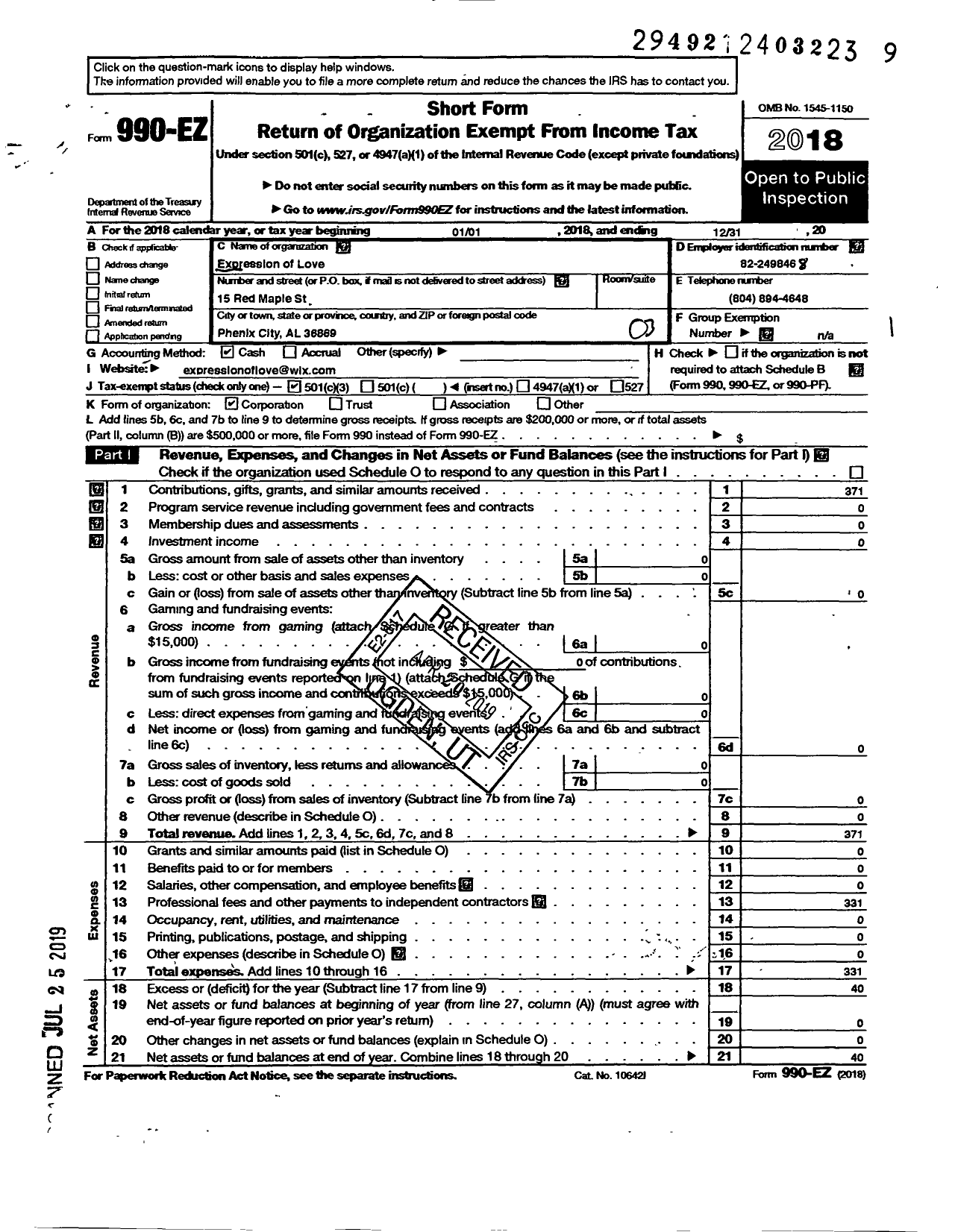 Image of first page of 2018 Form 990EZ for Expression of Love