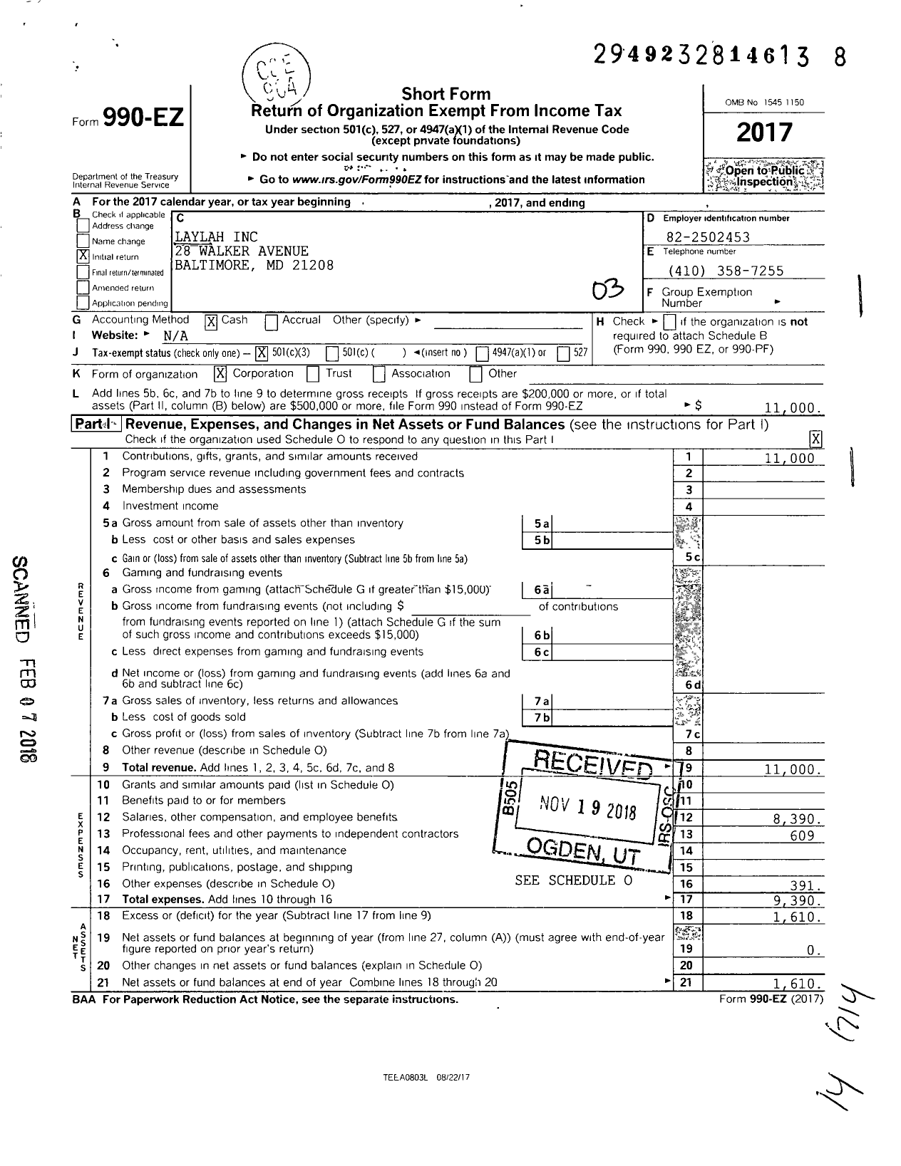 Image of first page of 2017 Form 990EZ for Laylah