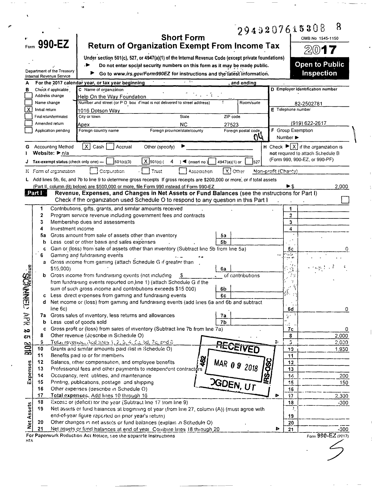 Image of first page of 2017 Form 990EO for Help On the Way Foundation