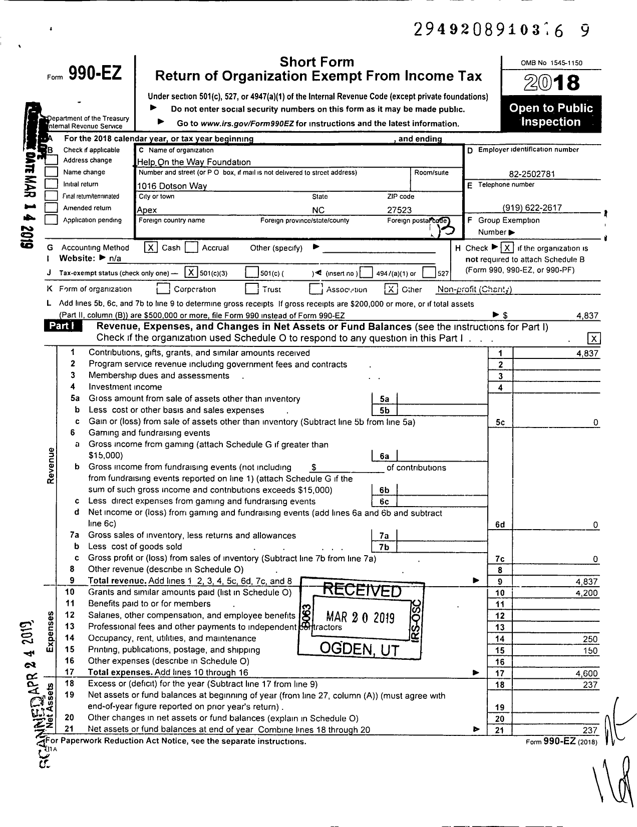 Image of first page of 2018 Form 990EZ for Help On the Way Foundation