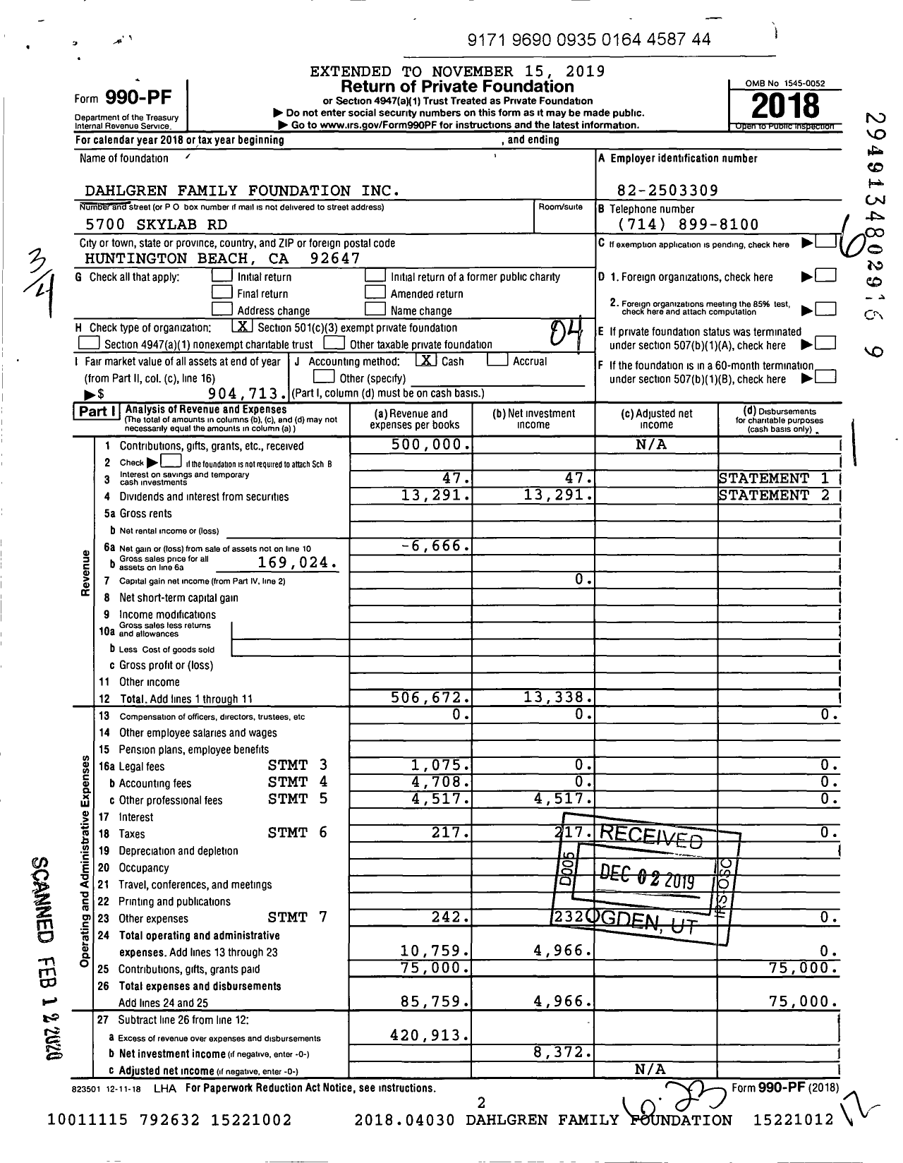 Image of first page of 2018 Form 990PF for Dahlgren Family Foundation