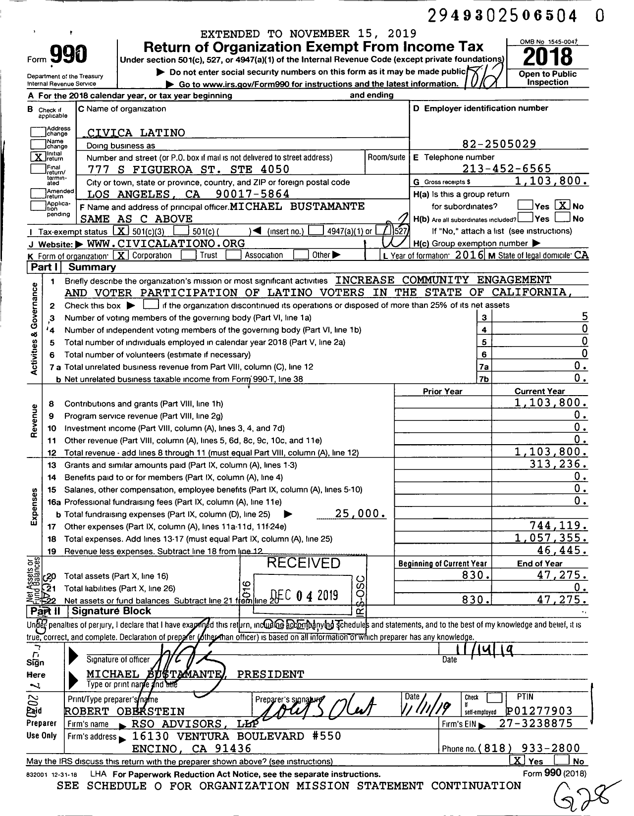 Image of first page of 2018 Form 990 for Civica Latino