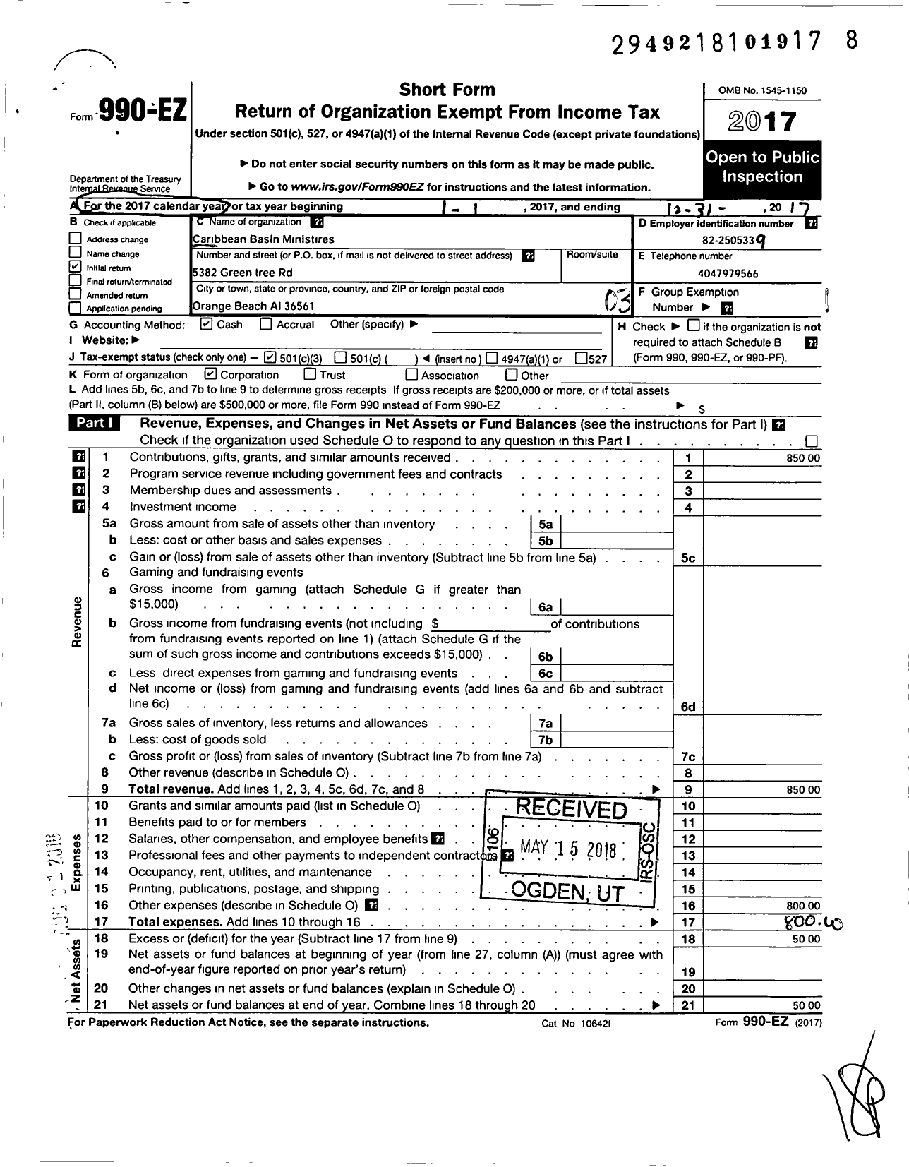 Image of first page of 2017 Form 990EZ for Caribbean Basin Ministries LLC