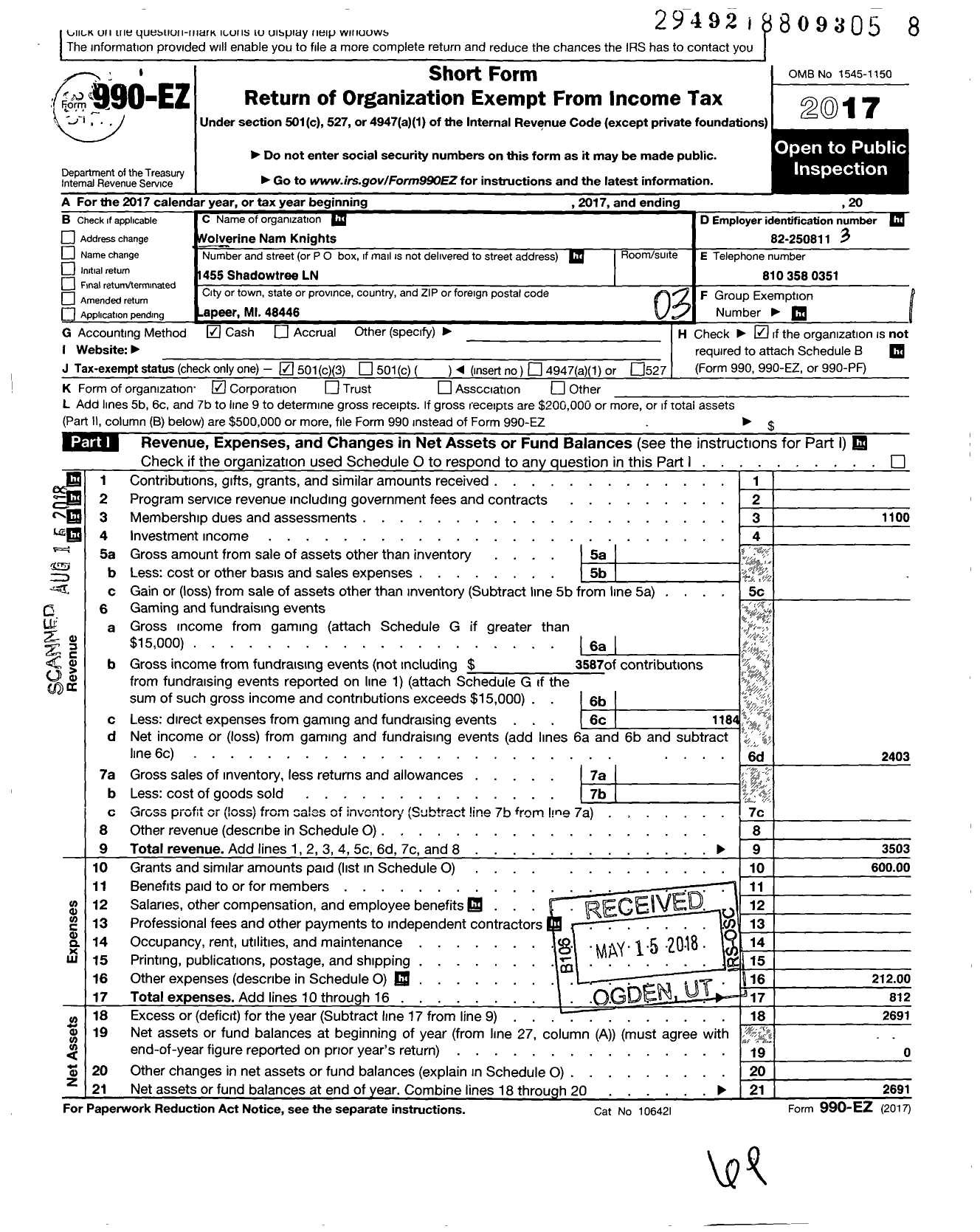 Image of first page of 2017 Form 990EZ for Wolverine Nam Knights MC